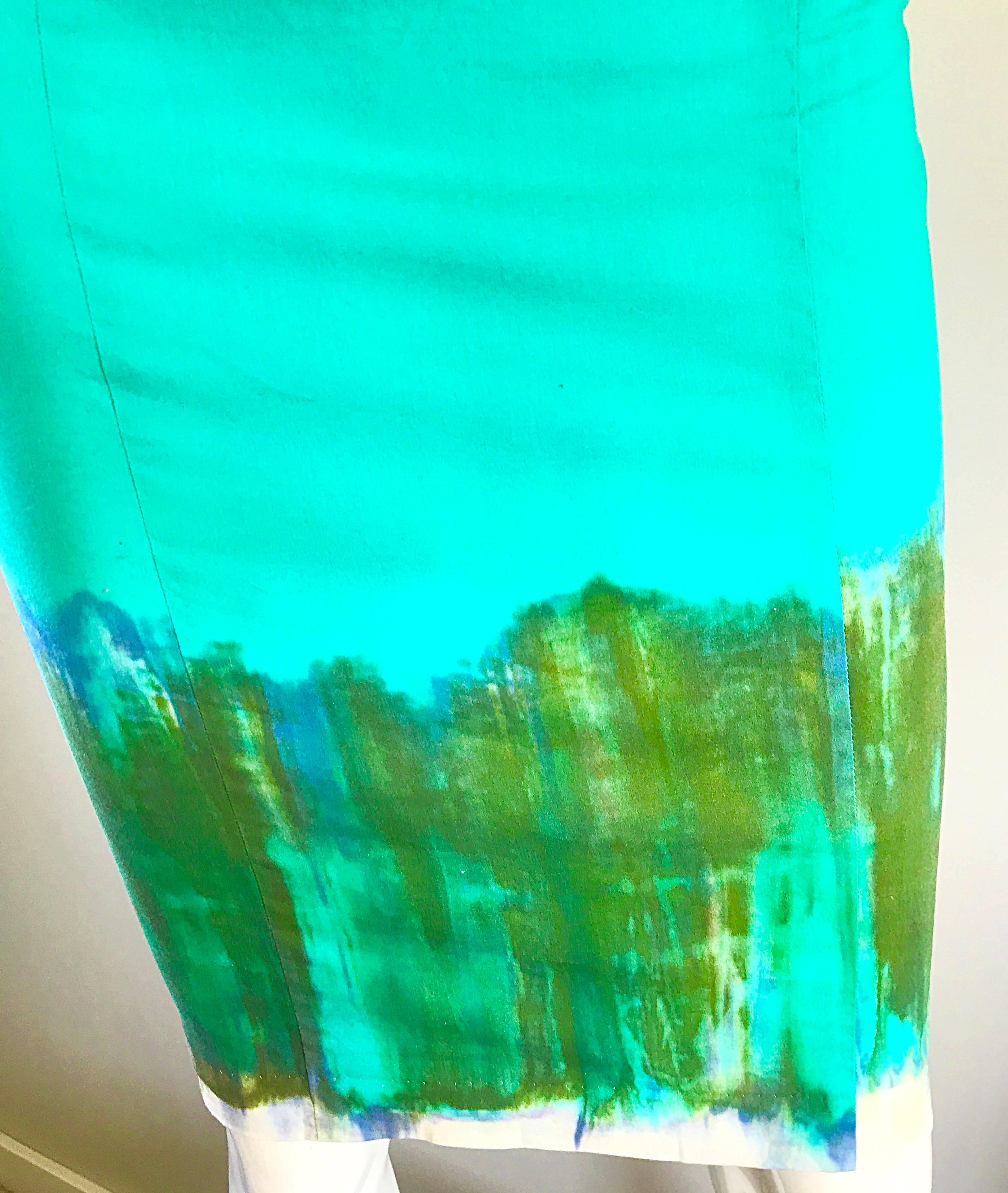 Vintage Alberta Ferretti Turquoise Blue + Green Tie Dyed Sleeveless Sheath Dress In Excellent Condition In San Diego, CA