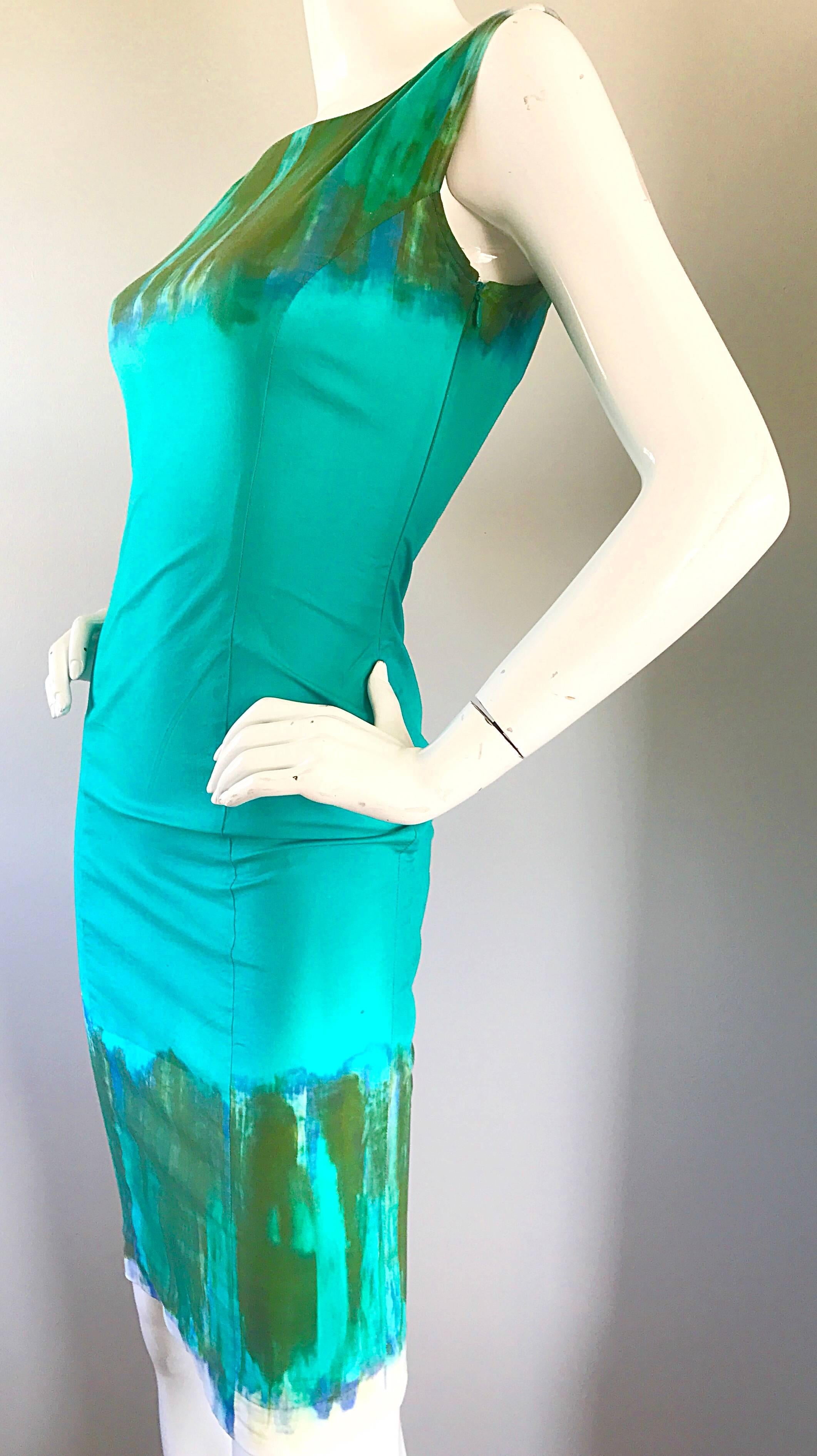 Vintage Alberta Ferretti Turquoise Blue + Green Tie Dyed Sleeveless Sheath Dress 1