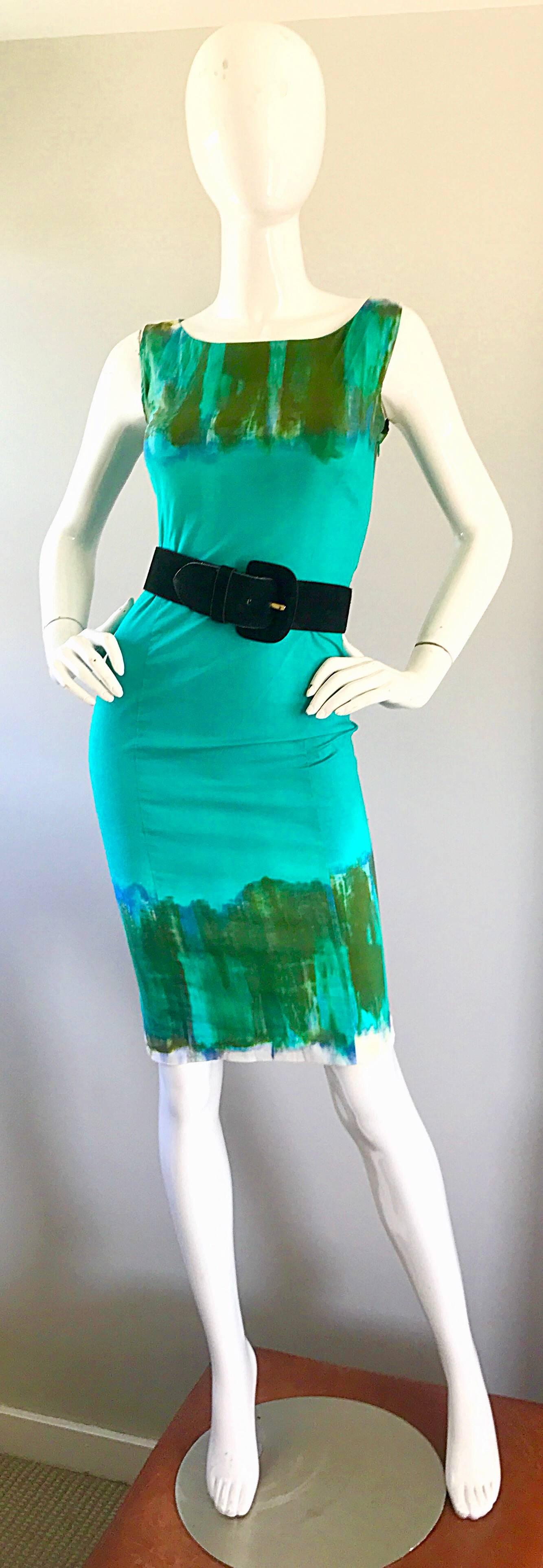 Vintage Alberta Ferretti Turquoise Blue + Green Tie Dyed Sleeveless Sheath Dress 2