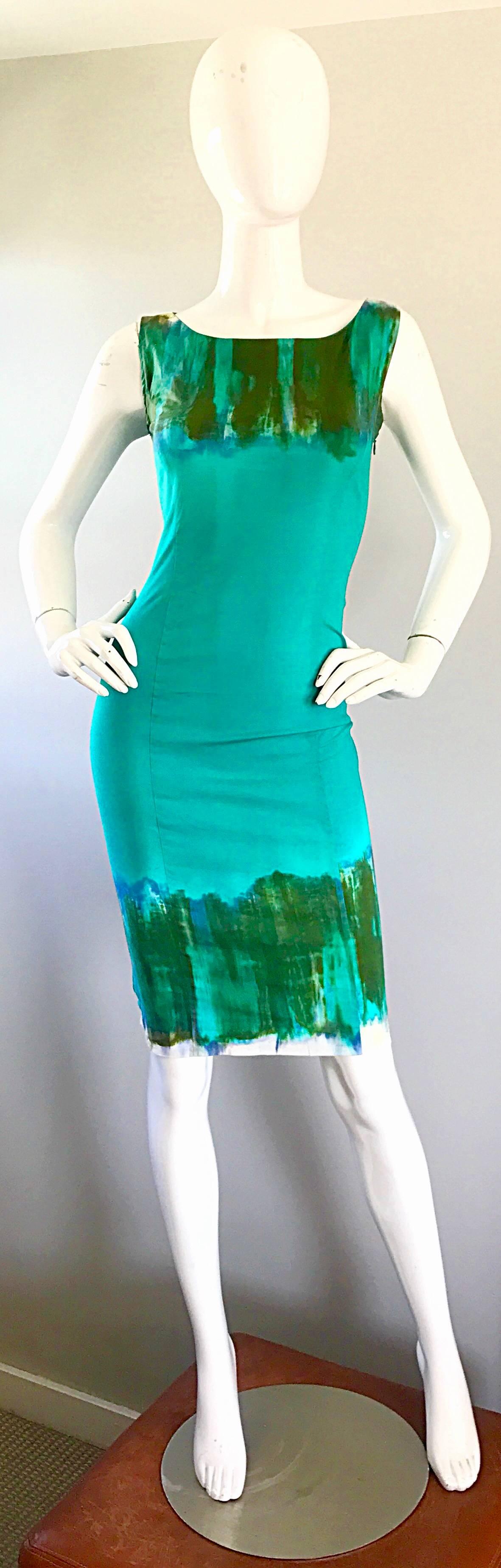 Vintage Alberta Ferretti Turquoise Blue + Green Tie Dyed Sleeveless Sheath Dress 4