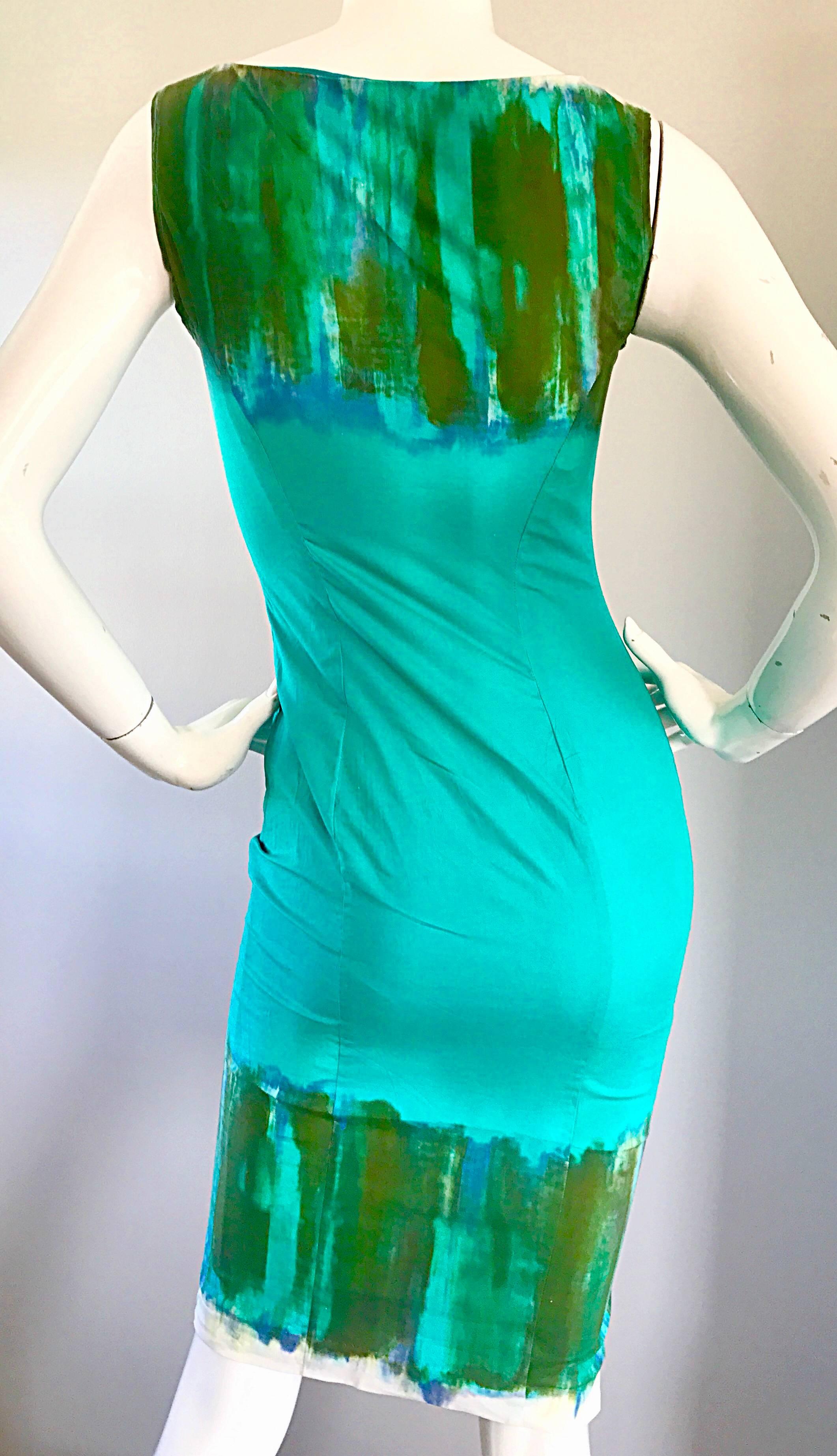 Vintage Alberta Ferretti Turquoise Blue + Green Tie Dyed Sleeveless Sheath Dress 5