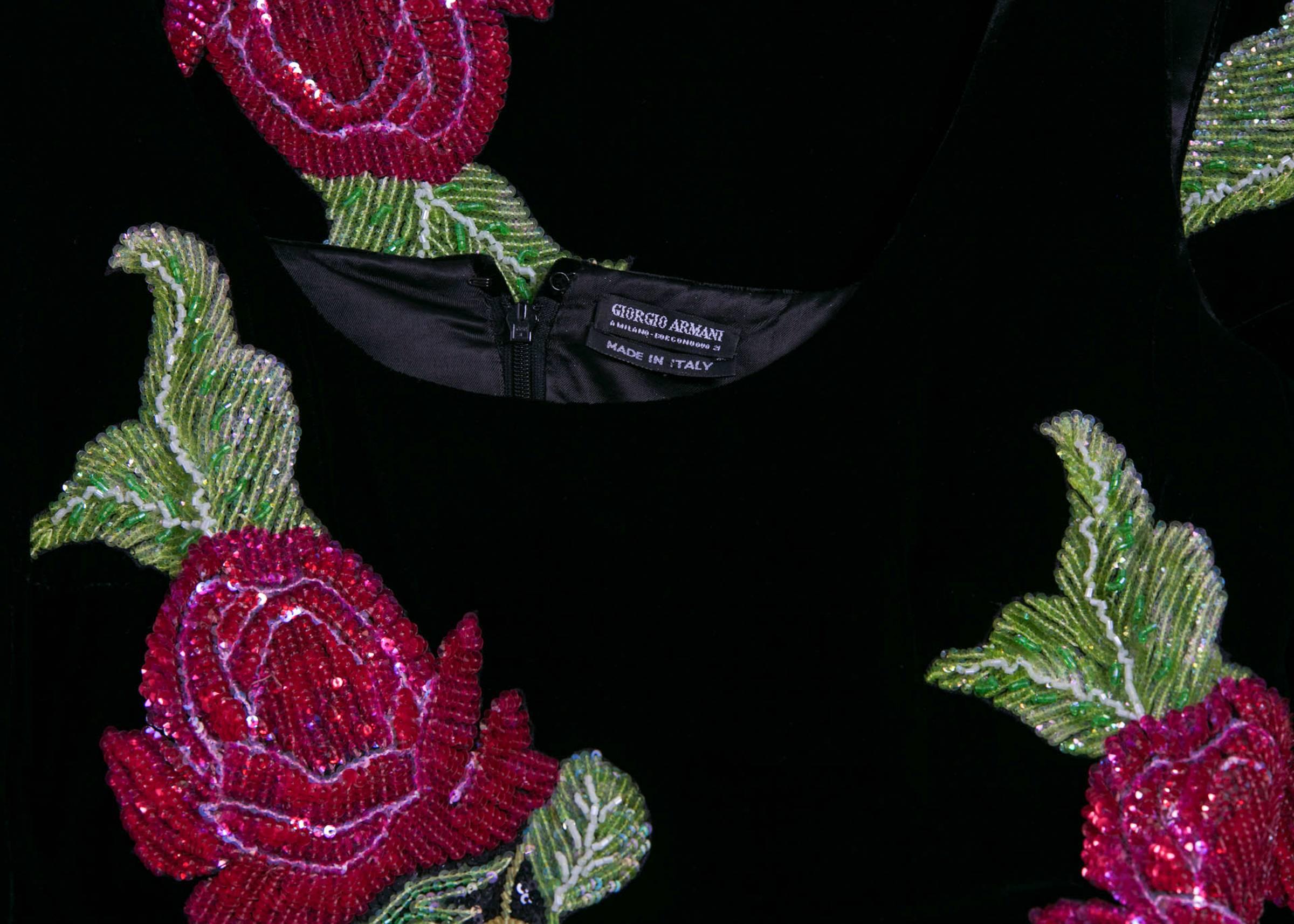 1990s Giorgio Armani  Black Velvet Hand Sequined Beaded Roses Evening Dress 3