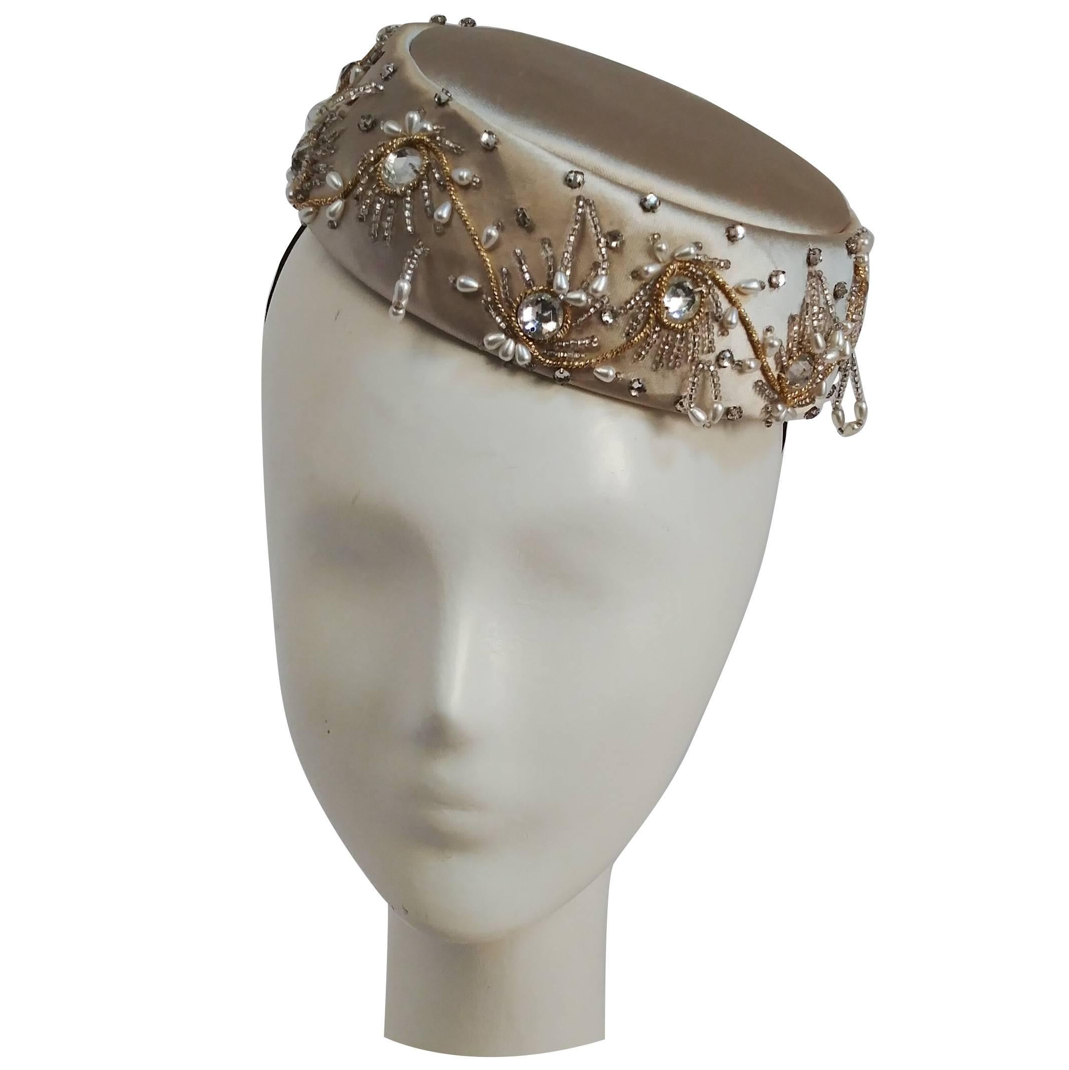 1960s Ivory Satin Beaded Cocktail Hat
