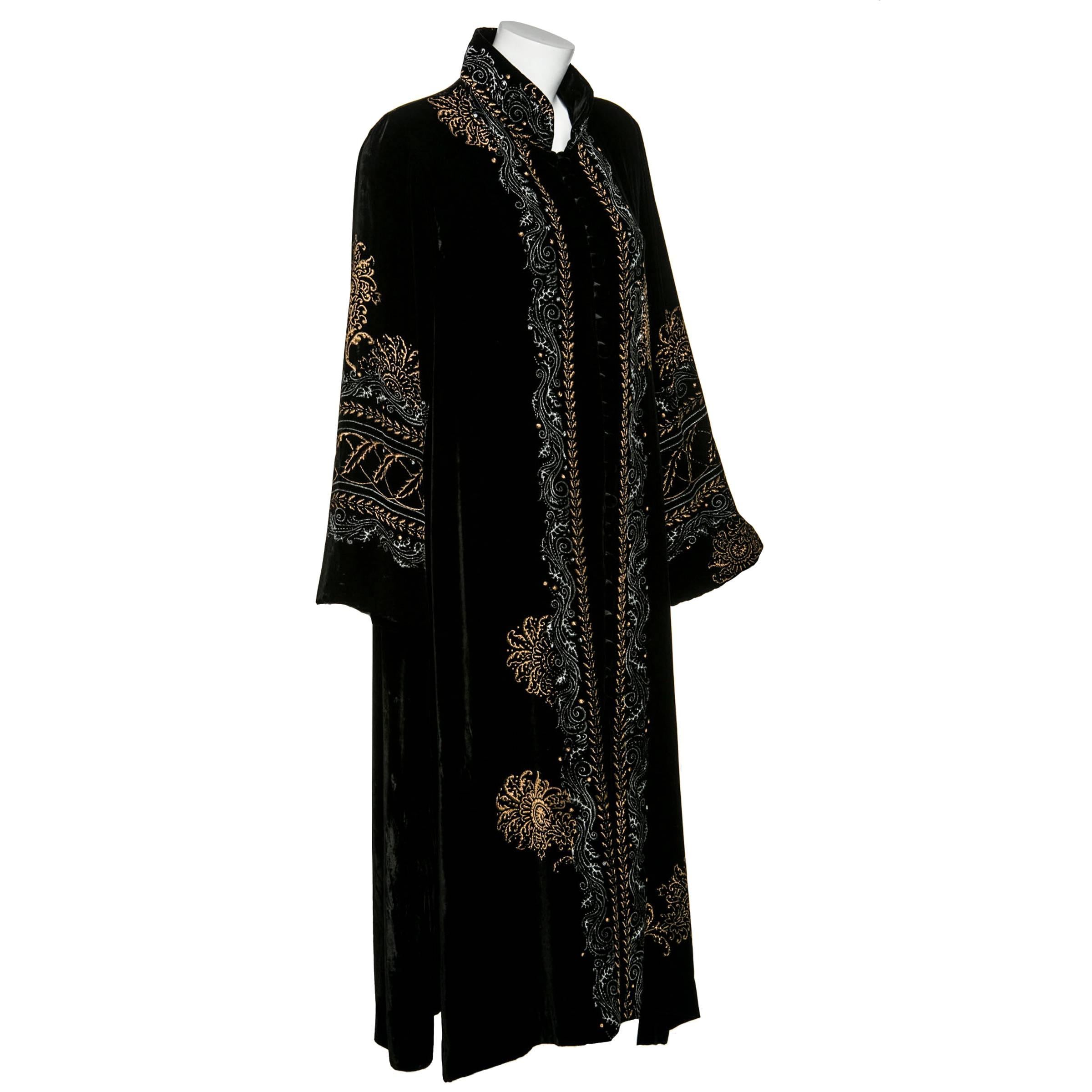 Mary Jane Sarvis Couture Fine Art  Black Silk Velvet Metallic Painted Caftan 