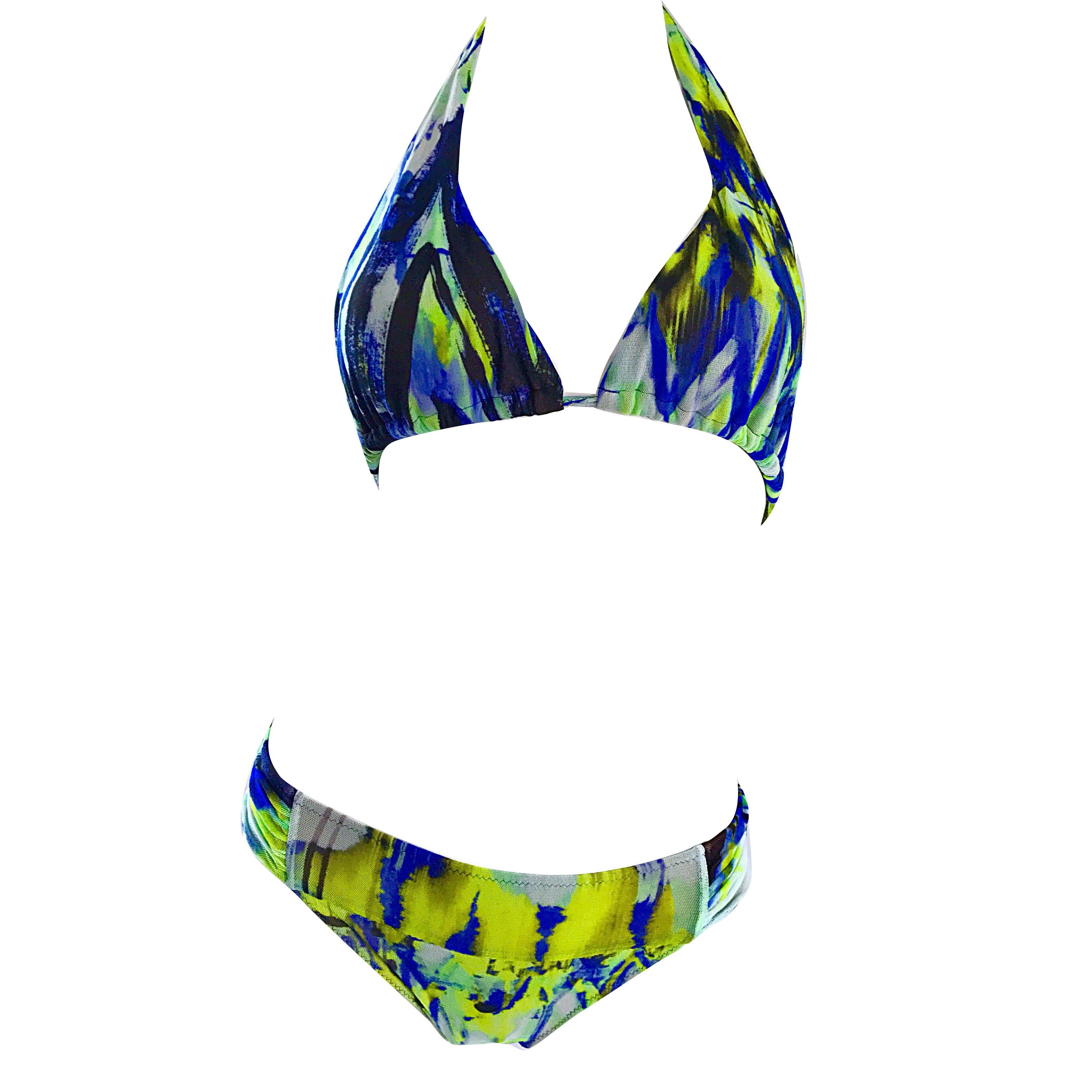 NWT Jean Paul Gaultier 1990er Jahre Vintage Blau Grün Halter zweiteiliger Bikini-Badeanzug im Angebot