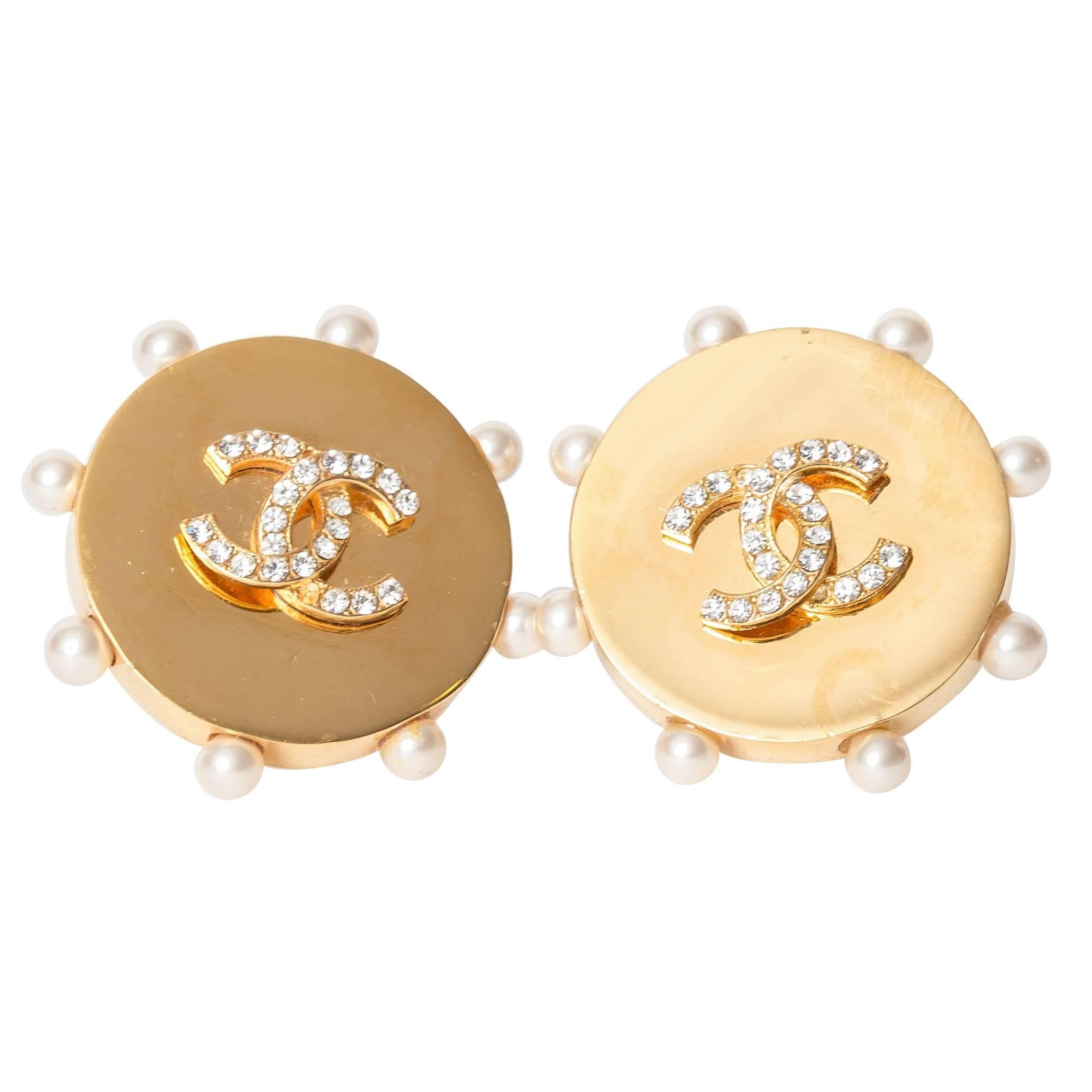 Chanel Vintage Gold Earrings with Pearl Surround
