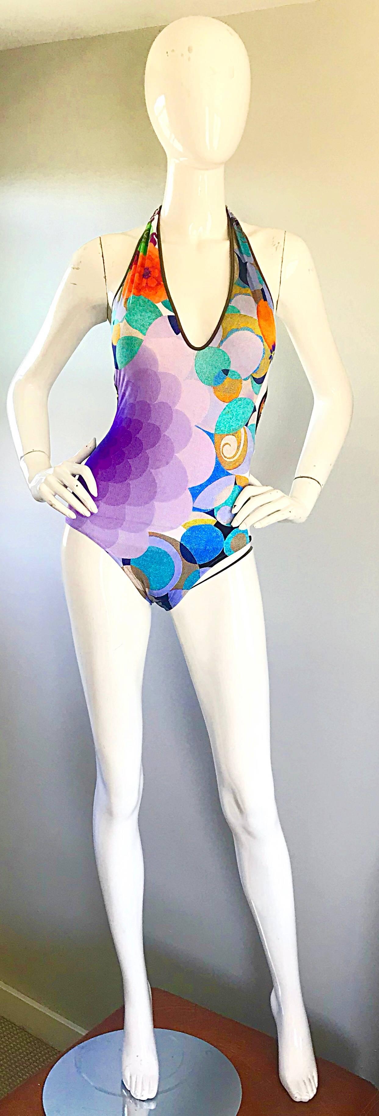 NWT 1990er La Perla Größe 8 Op Art Halter Neck 90er Einteiliger Badeanzug / Bodysuit  (Violett) im Angebot