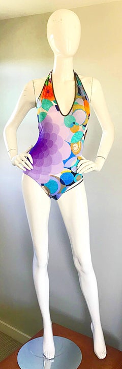 NWT 1990s La Perla Size 8 Op Art Halter Neck 90s One Piece Swimsuit / Bodysuit