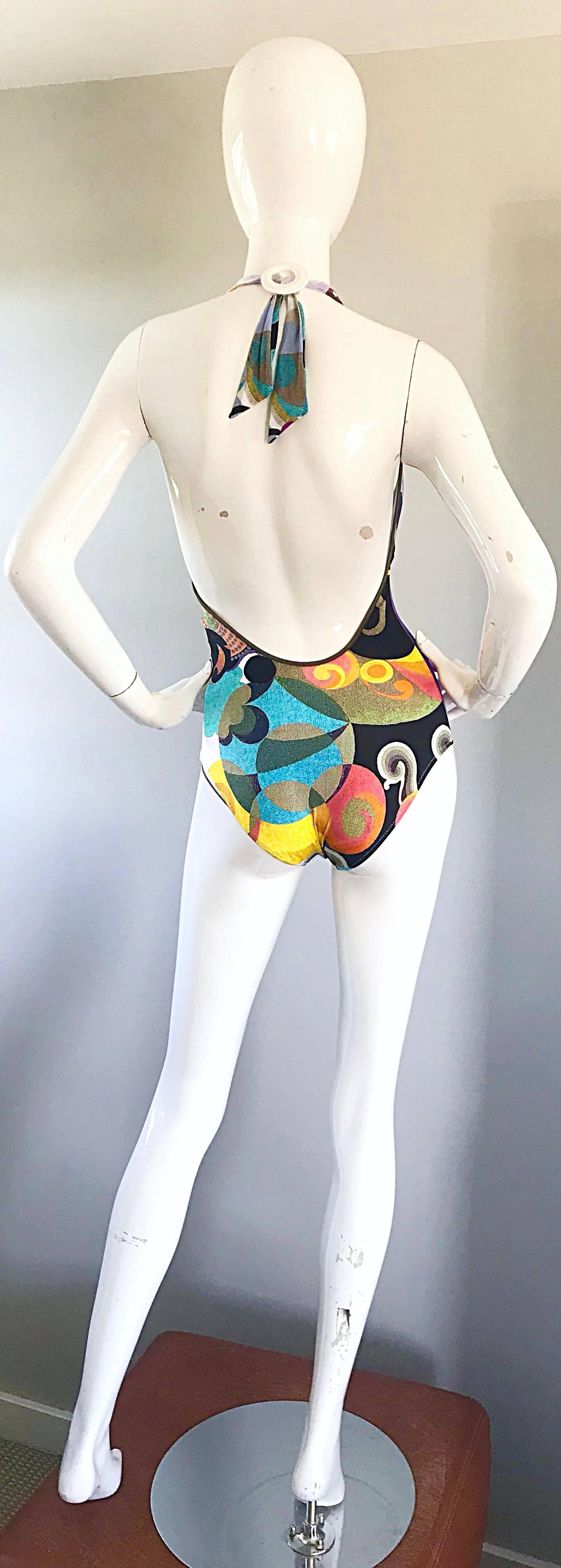 Women's NWT 1990s La Perla Size 8 Op Art Halter Neck 90s One Piece Swimsuit / Bodysuit  For Sale