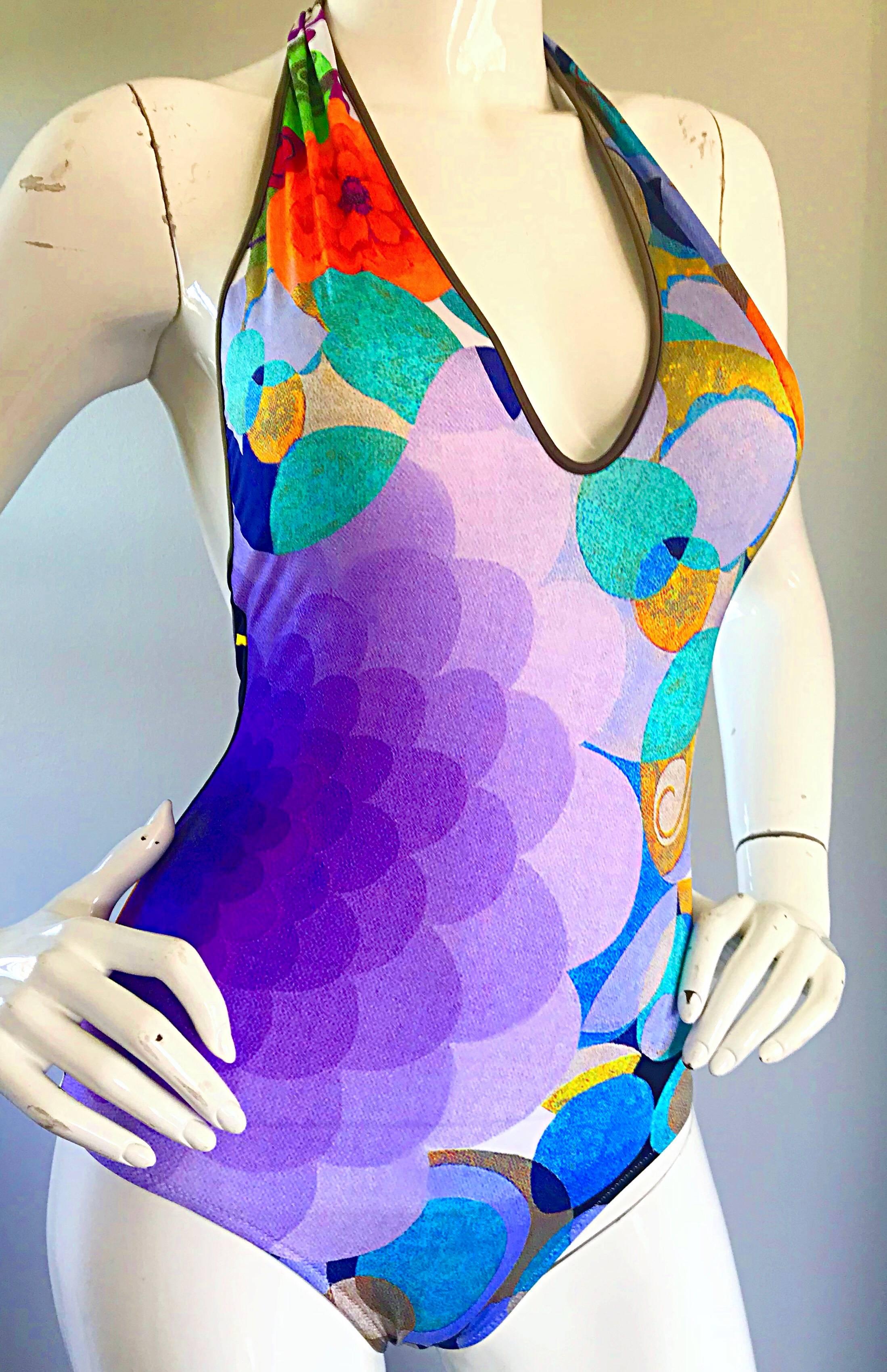 NWT 1990s La Perla Size 8 Op Art Halter Neck 90s One Piece Swimsuit / Bodysuit  In New Condition For Sale In San Diego, CA