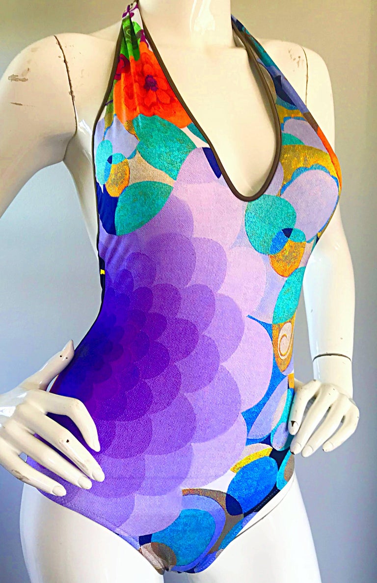 NWT 1990s La Perla Size 8 Op Art Halter Neck 90s One Piece Swimsuit
