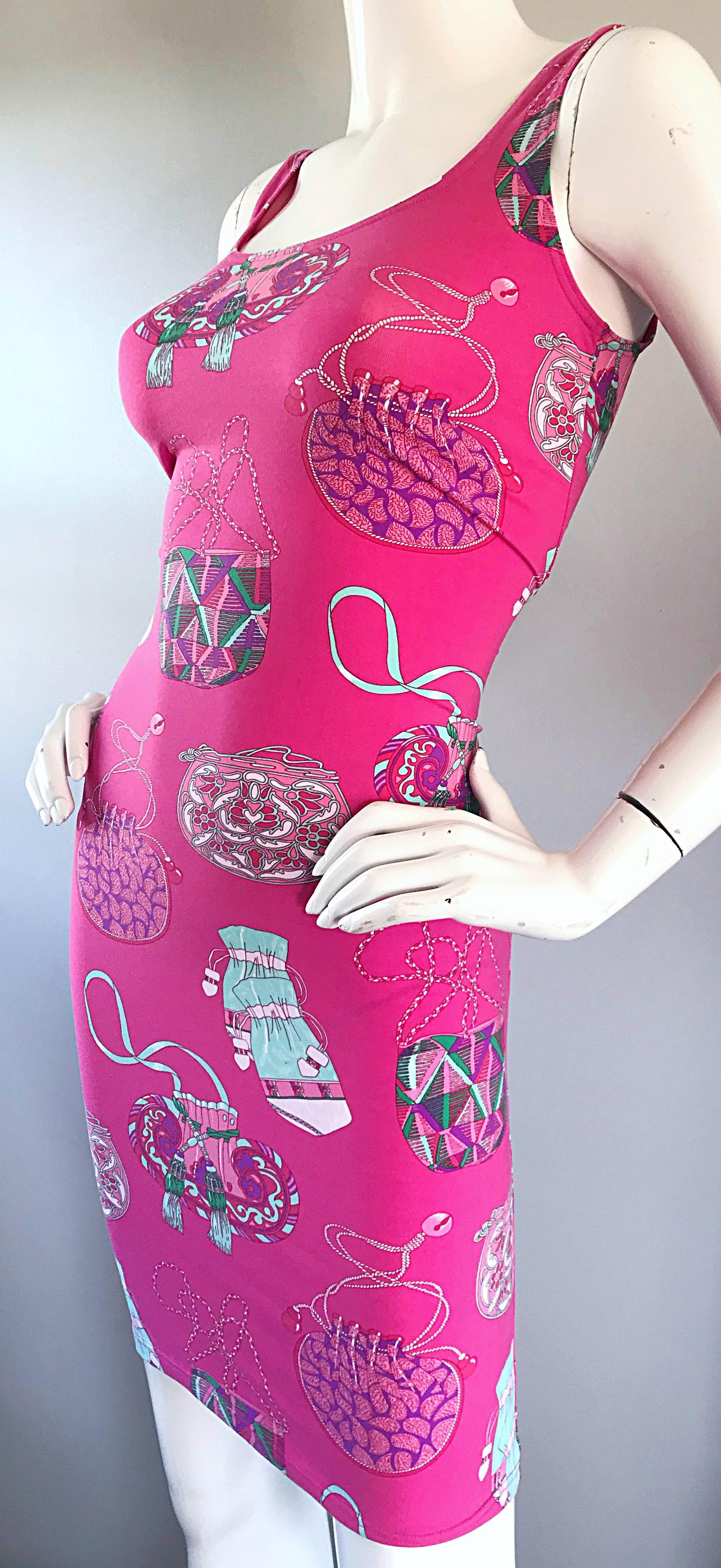 New Manuel Canovas 1990s Hot Pink Purse Handbag Novelty Print 90s Bodycon Dress In New Condition In San Diego, CA