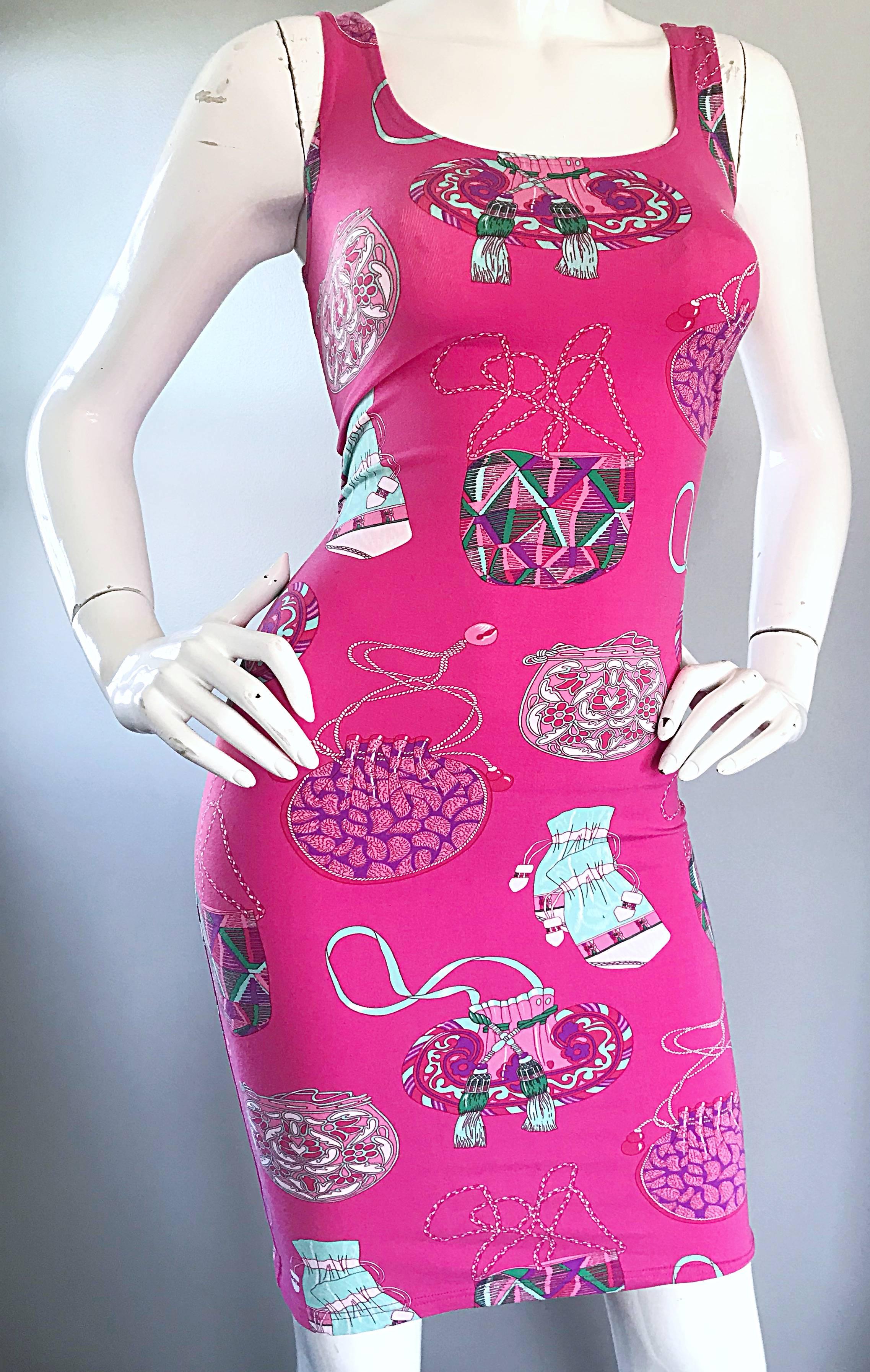 Women's New Manuel Canovas 1990s Hot Pink Purse Handbag Novelty Print 90s Bodycon Dress
