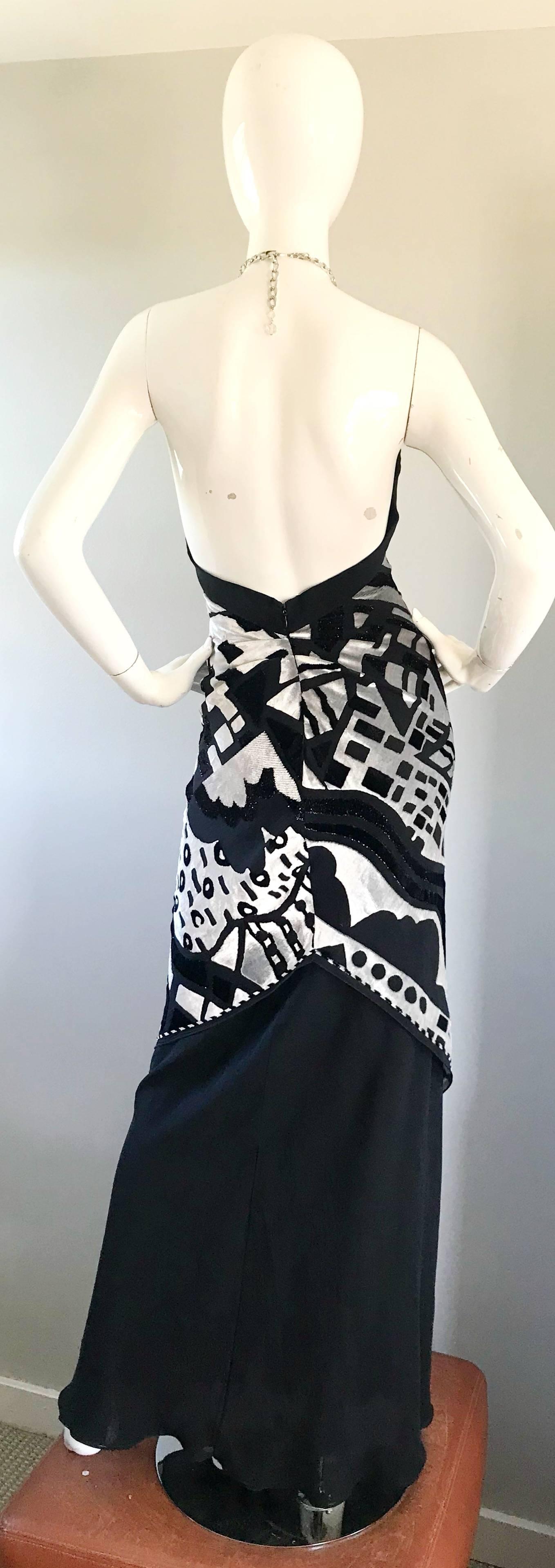 Melinda Eng Runway Sample Black + Silver Silk Cut - Out Velvet Rhinestone Gown 2