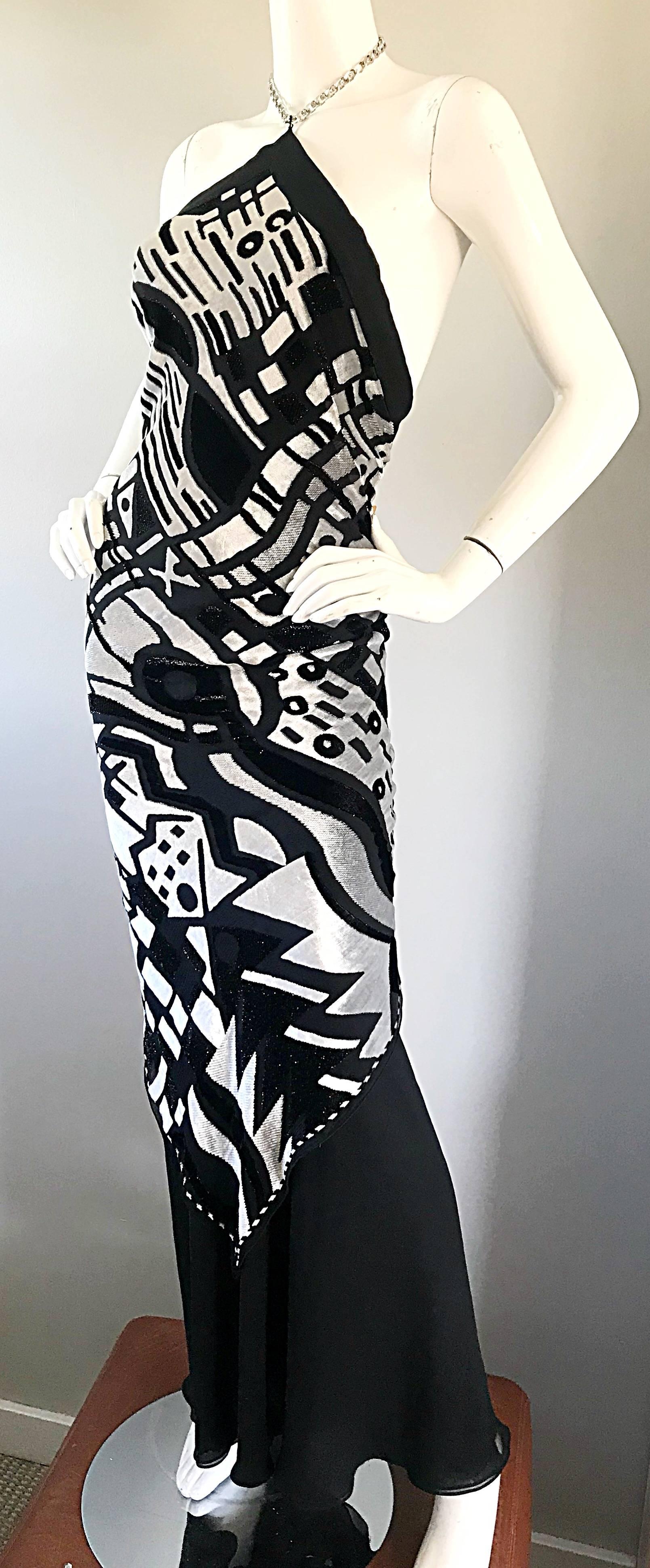 Women's Melinda Eng Runway Sample Black + Silver Silk Cut - Out Velvet Rhinestone Gown
