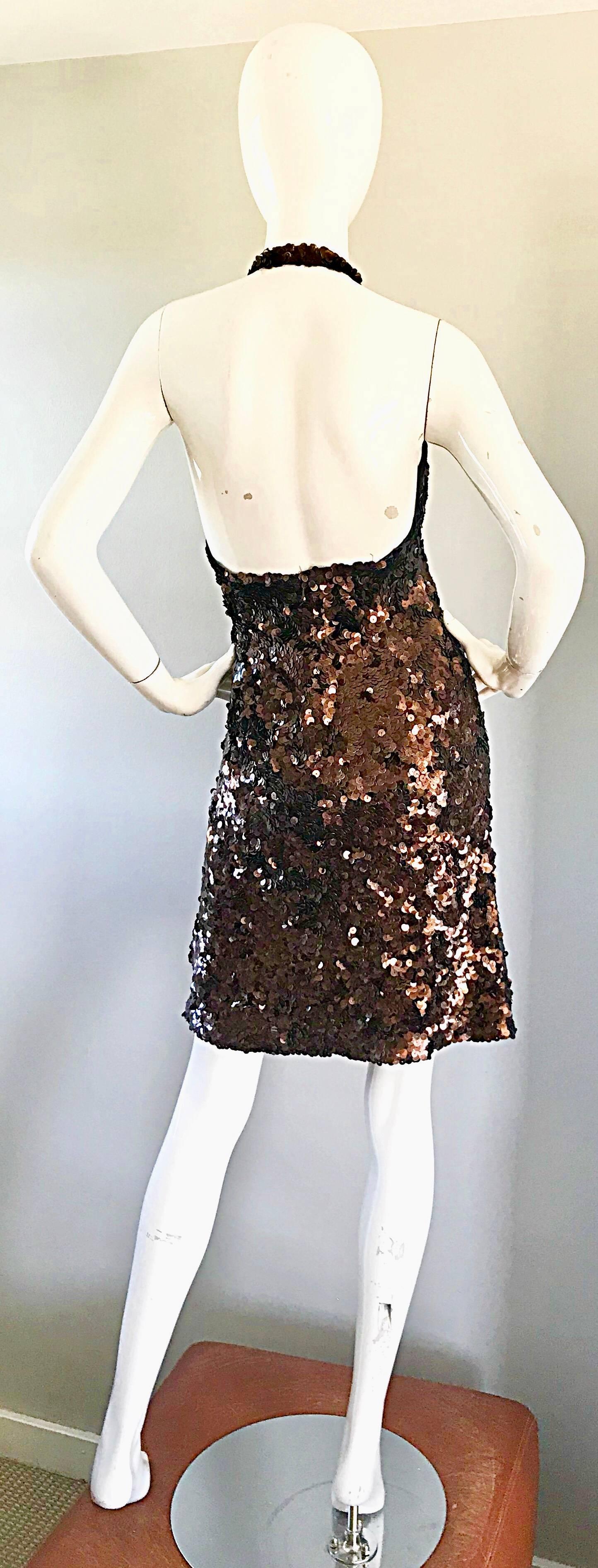 Mikael Aghal Chocolate Brown Sequin Stretch Jersey Sexy Halter Cocktail Dress 1