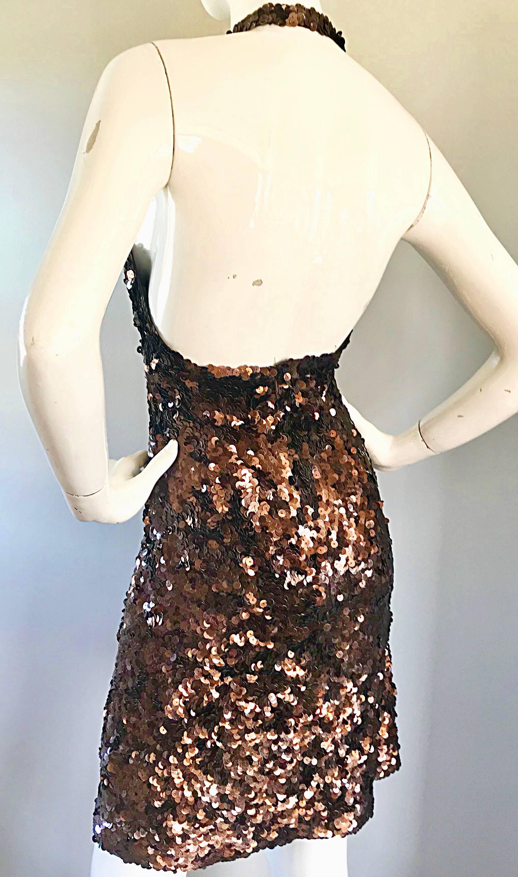 Mikael Aghal Chocolate Brown Sequin Stretch Jersey Sexy Halter Cocktail Dress 2