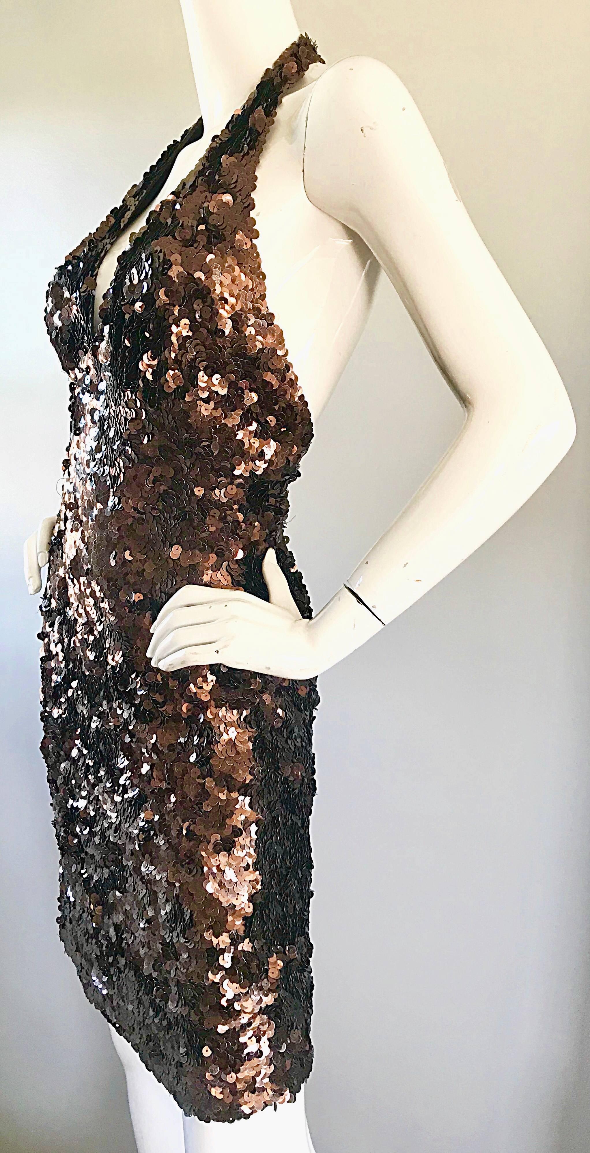 Mikael Aghal Chocolate Brown Sequin Stretch Jersey Sexy Halter Cocktail Dress In Excellent Condition In San Diego, CA