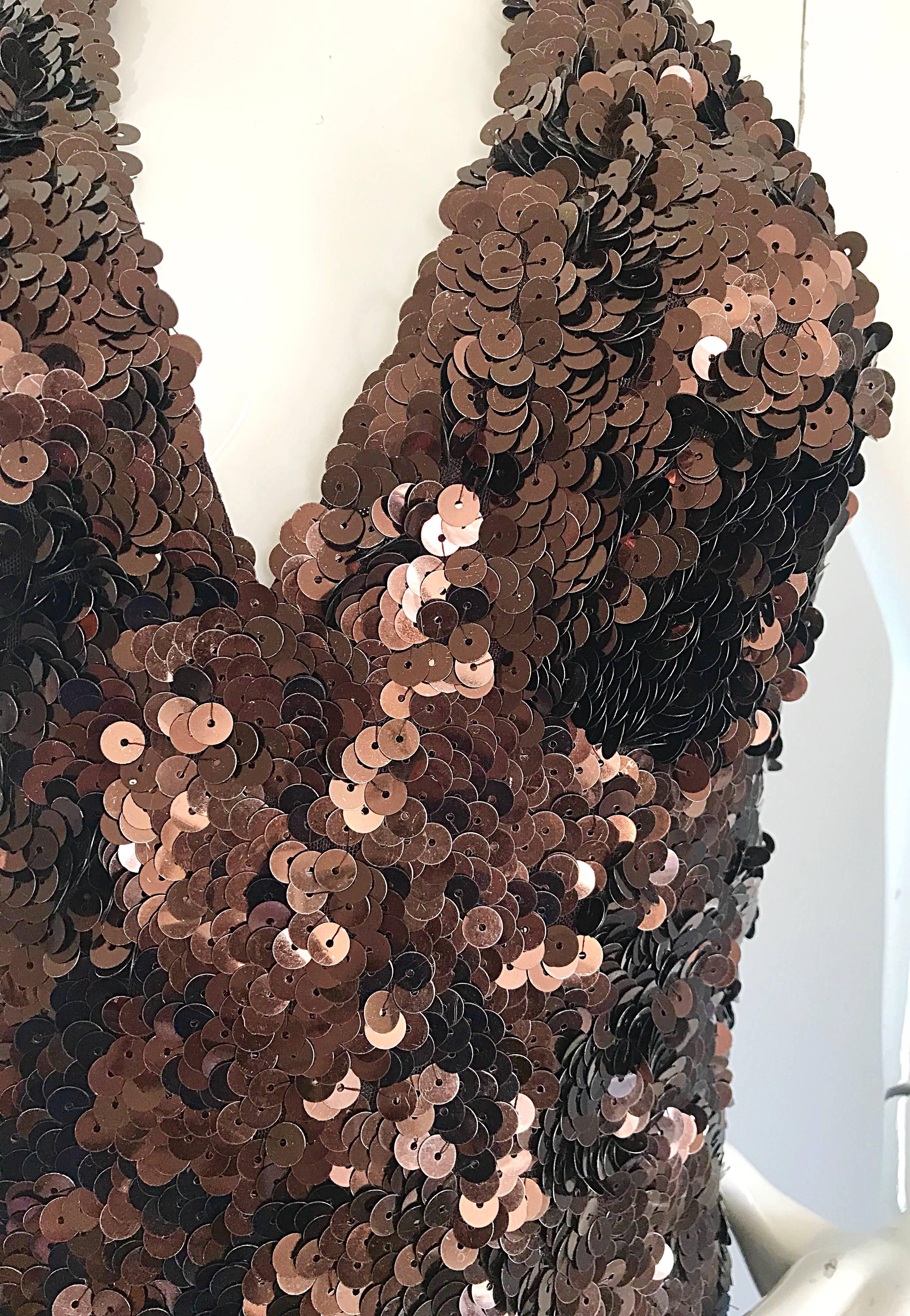 Black Mikael Aghal Chocolate Brown Sequin Stretch Jersey Sexy Halter Cocktail Dress