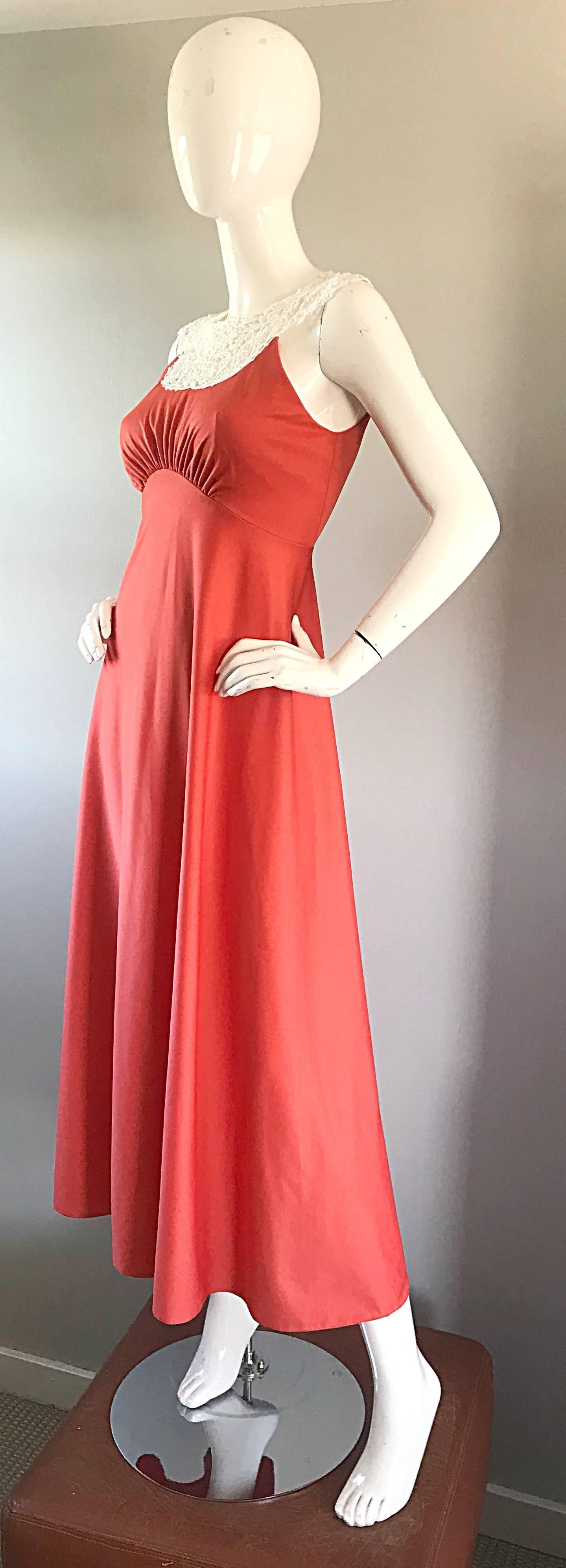 Women's 1970s Coral Salmon Pink Jersey + Crochet Lace Collar 70s Vintage Maxi Dress For Sale