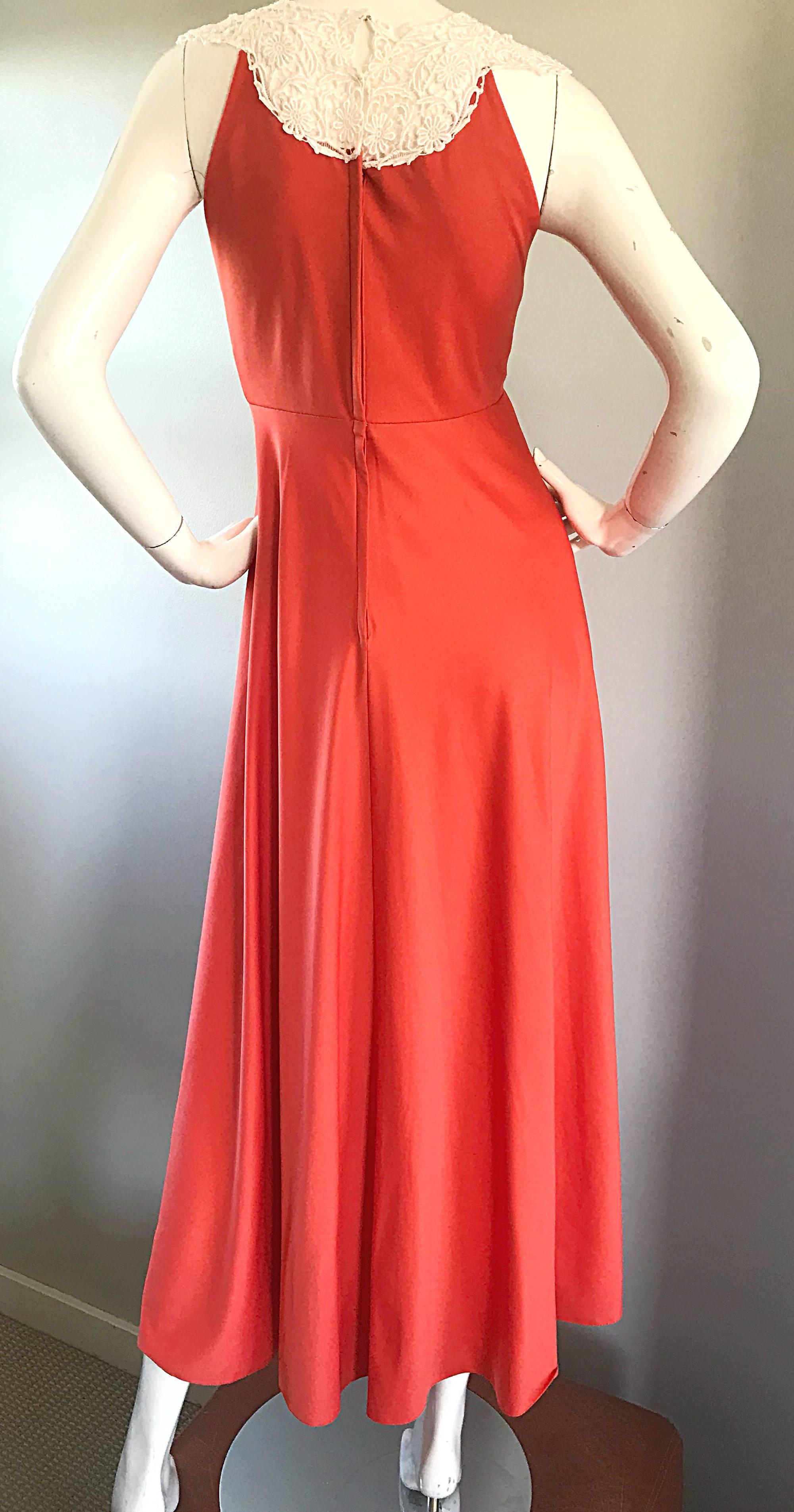 1970s Coral Salmon Pink Jersey + Crochet Lace Collar 70s Vintage Maxi Dress For Sale 2