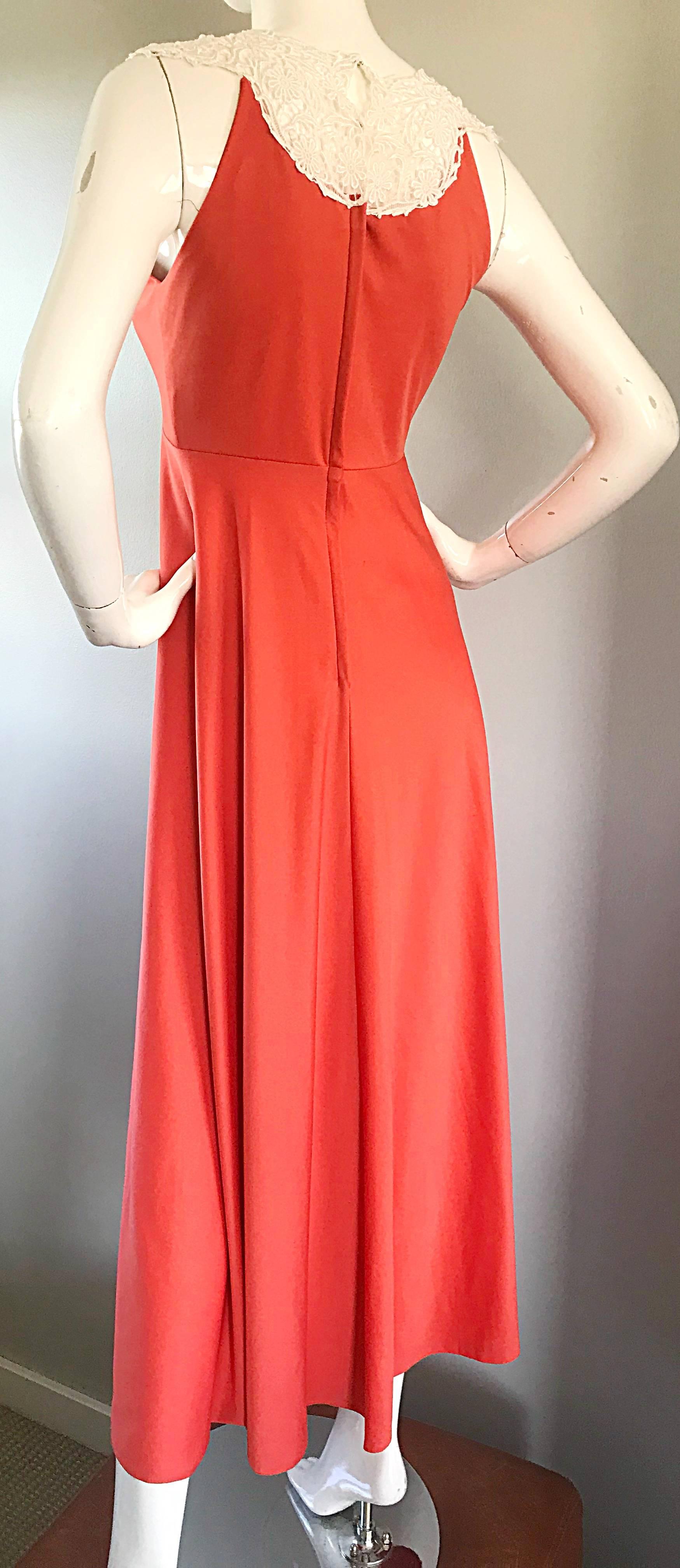 1970s Coral Salmon Pink Jersey + Crochet Lace Collar 70s Vintage Maxi Dress For Sale 3