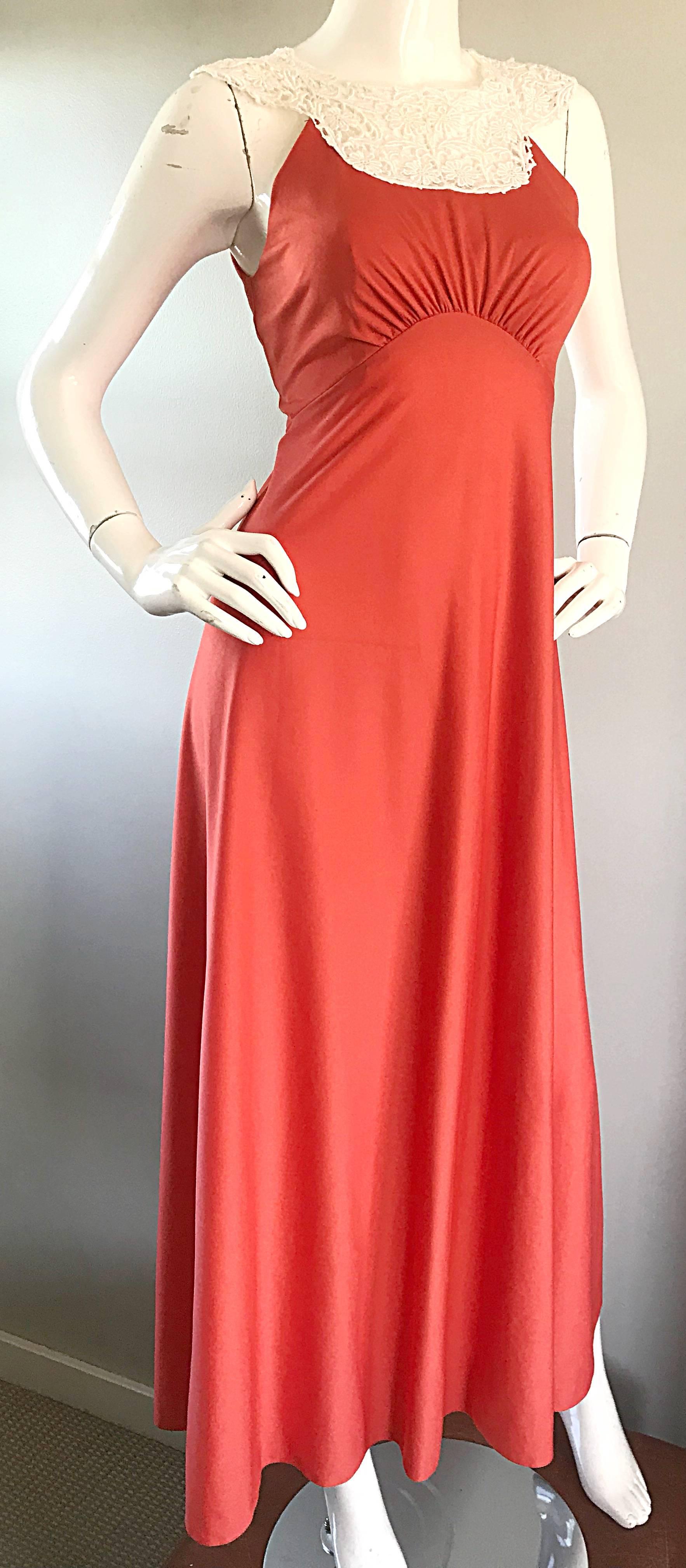 1970s Coral Salmon Pink Jersey + Crochet Lace Collar 70s Vintage Maxi Dress For Sale 1