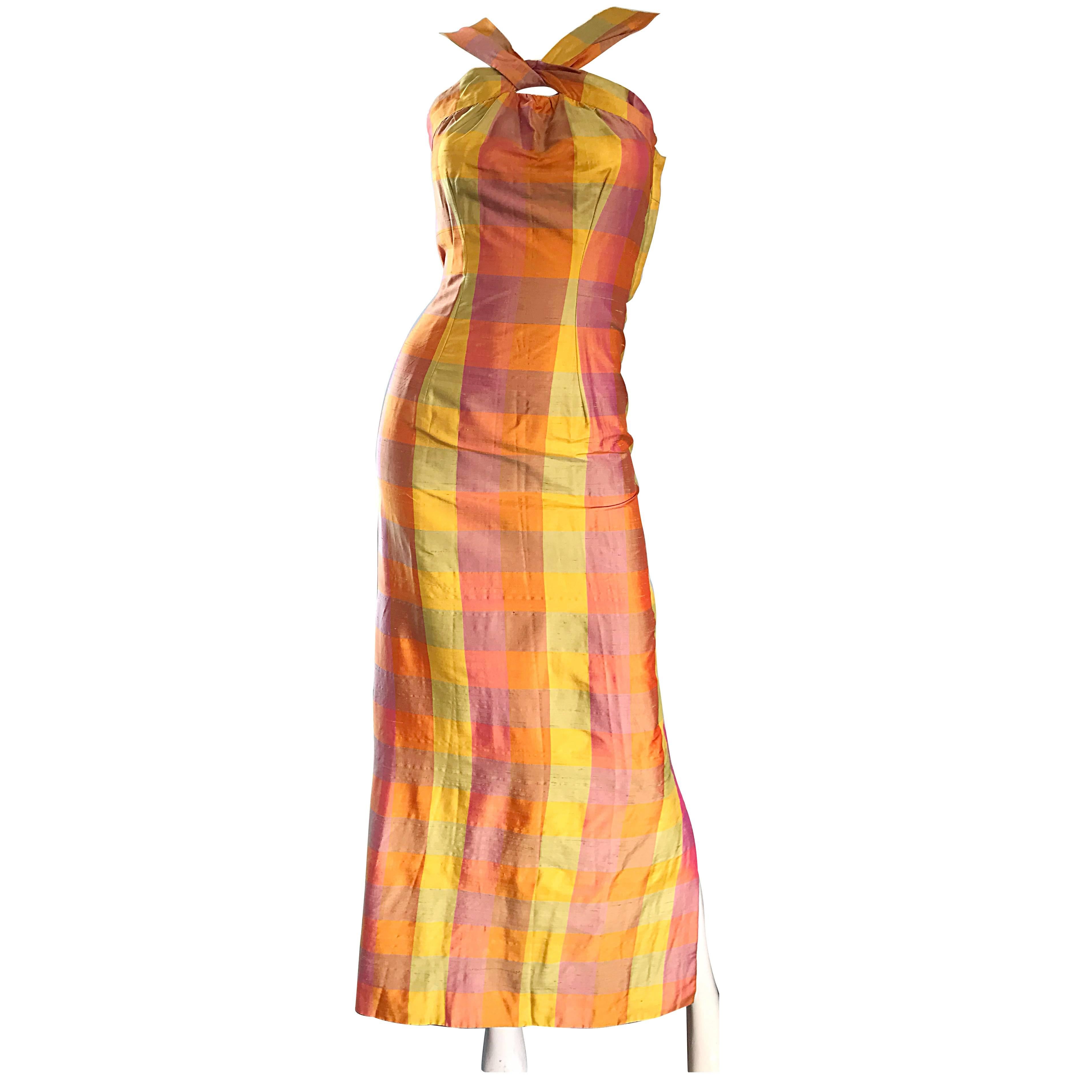 Amazing 1970s Silk Shantung Pink + Yellow + Orange Plaid Vintage 70s Maxi Dress