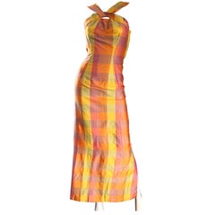 Amazing 1970s Silk Shantung Pink + Yellow + Orange Plaid Retro 70s Maxi Dress