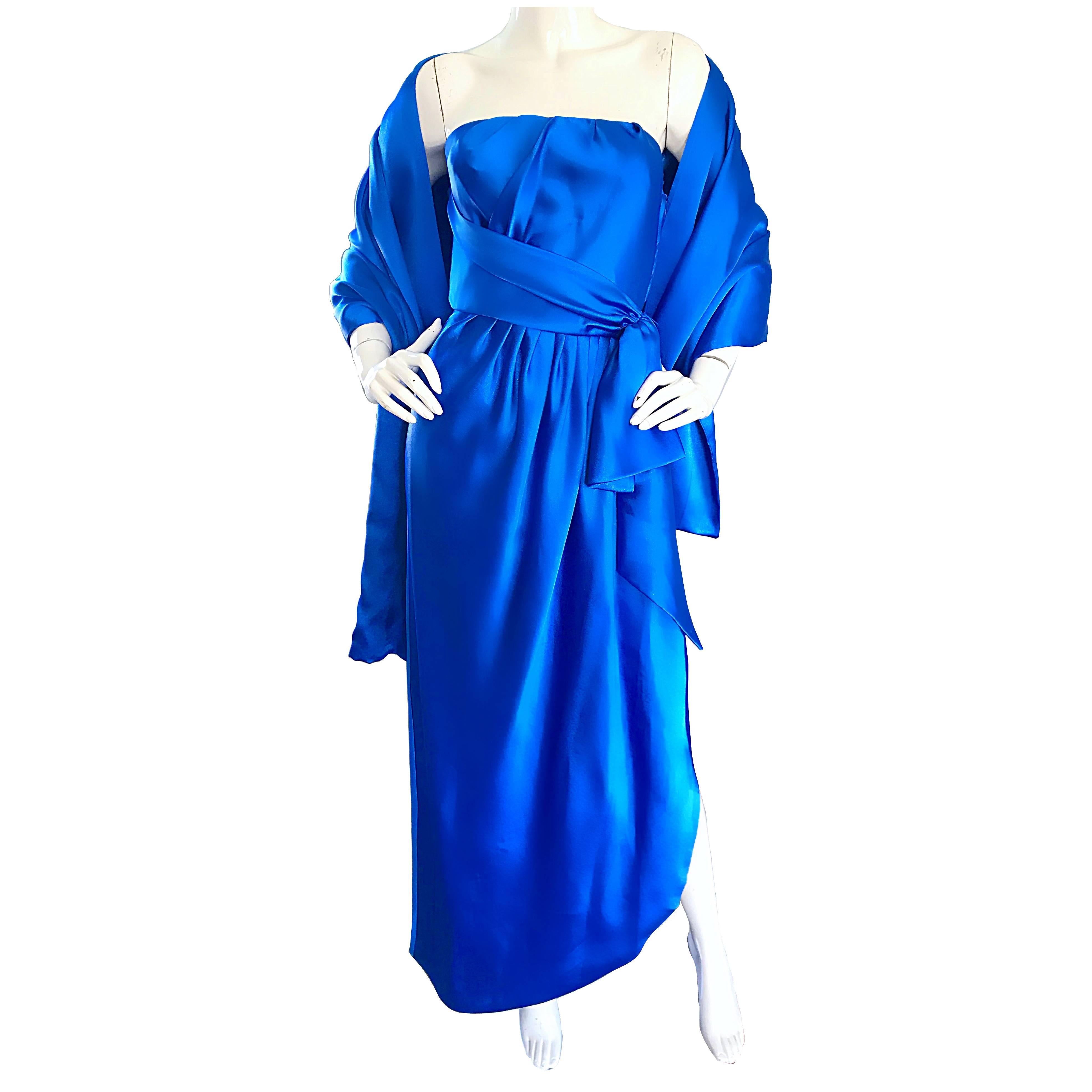 1970s Frank Usher 70s Vintage Royal Blue Satin Strapless Gown and Shawl 