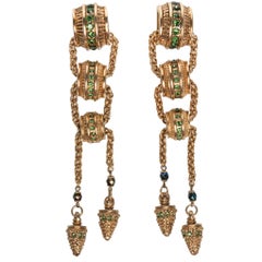 Vintage 1980s Claire Dévé Gold Green Crystal Shoulder Duster Earrings