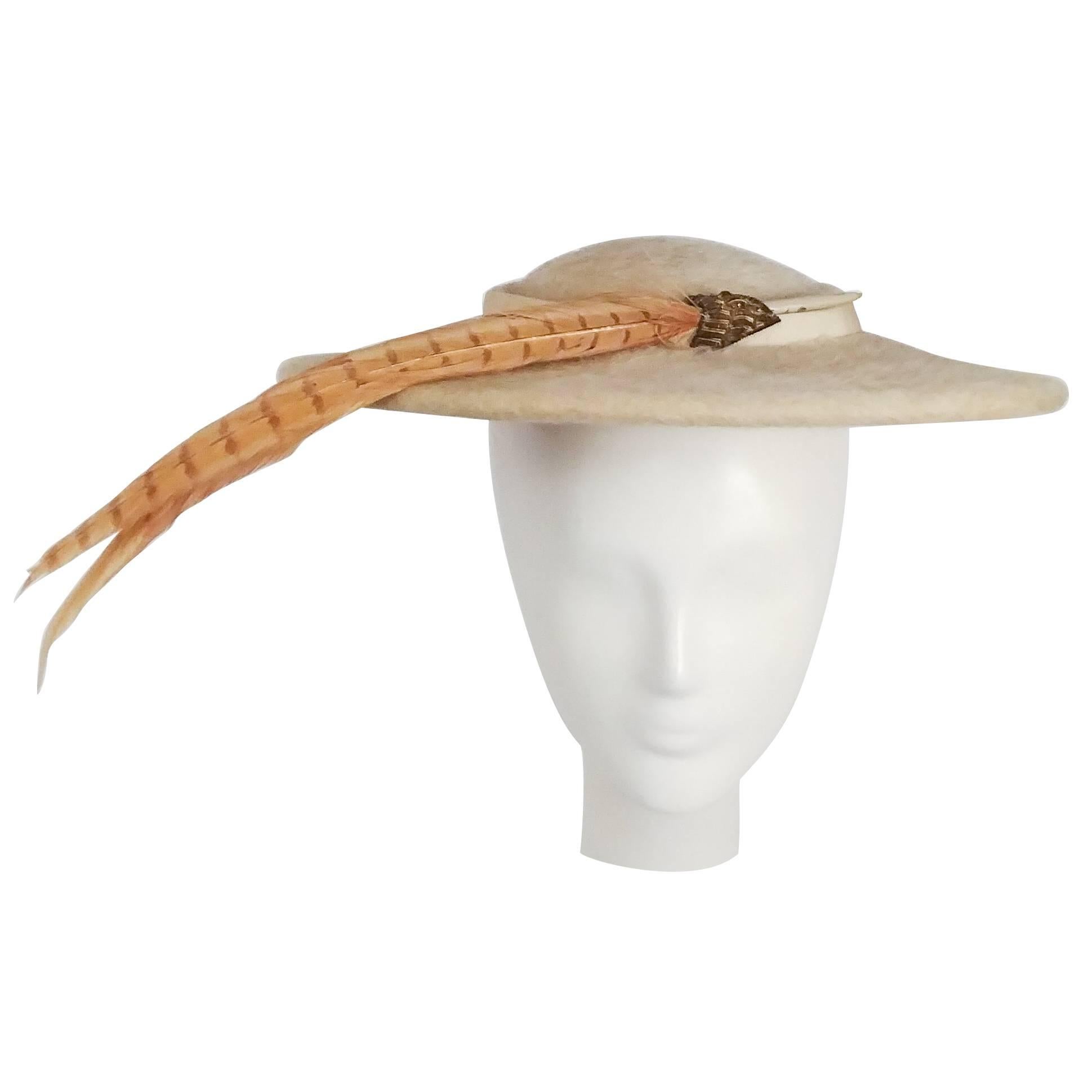 1950s Cream Felt Wide Saucer Hat with Pheasant Feather