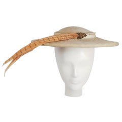 Vintage 1950s Cream Felt Wide Saucer Hat with Pheasant Feather