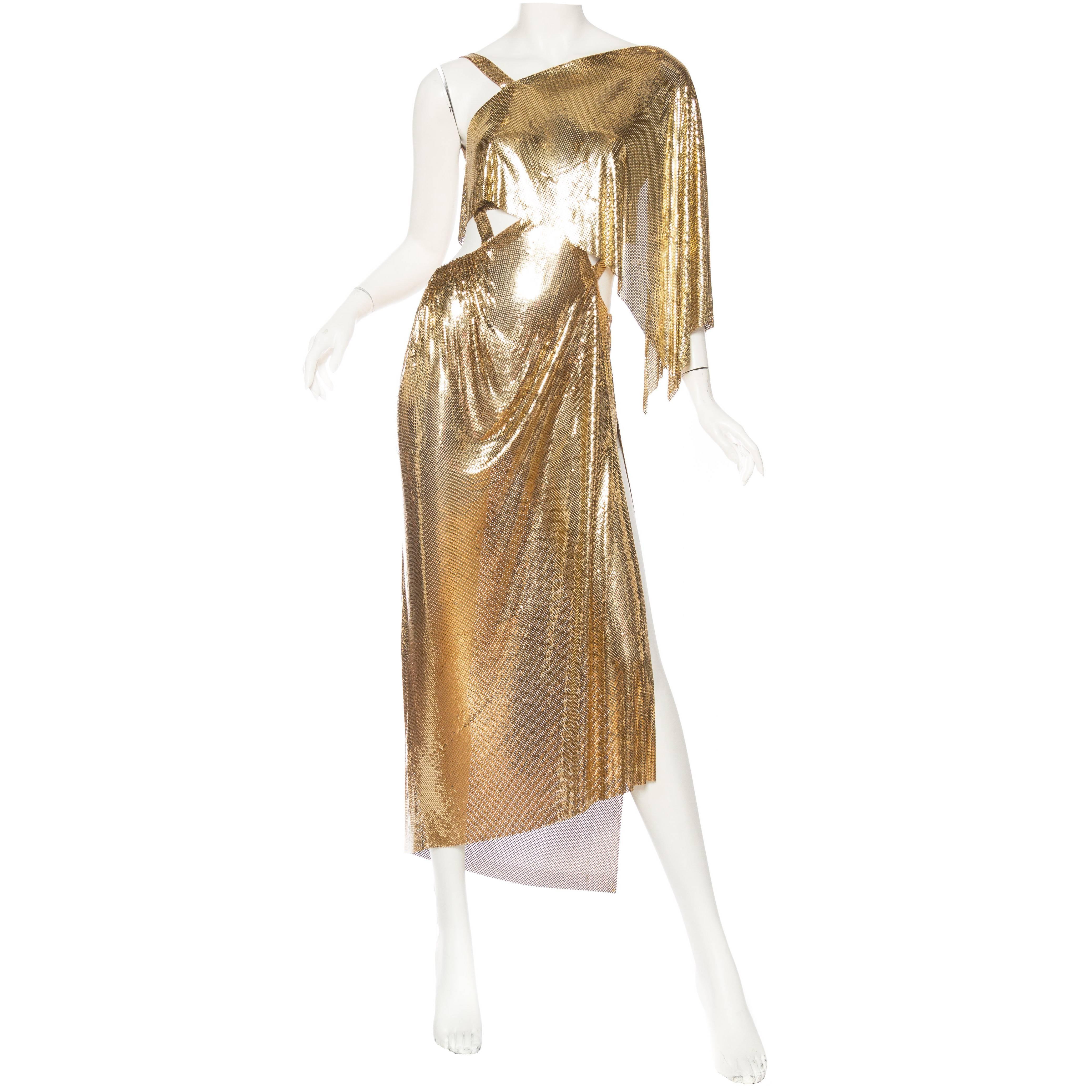 MORPHEW COLLECTION Style Gold Metal Mesh Backless One Sleeve Gown With High Slit