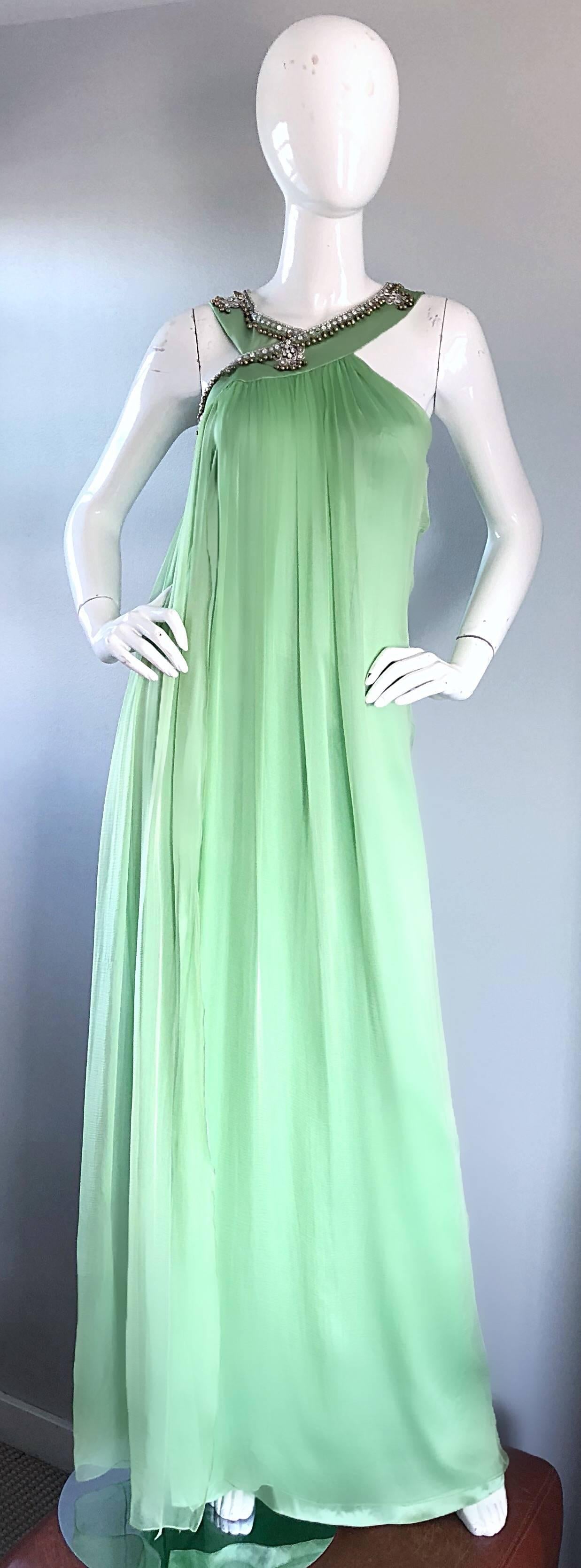 Neu Christian Dior John Galliano Größe 10 Hellgrün Seide Chiffon Grecian Gown (Grün)