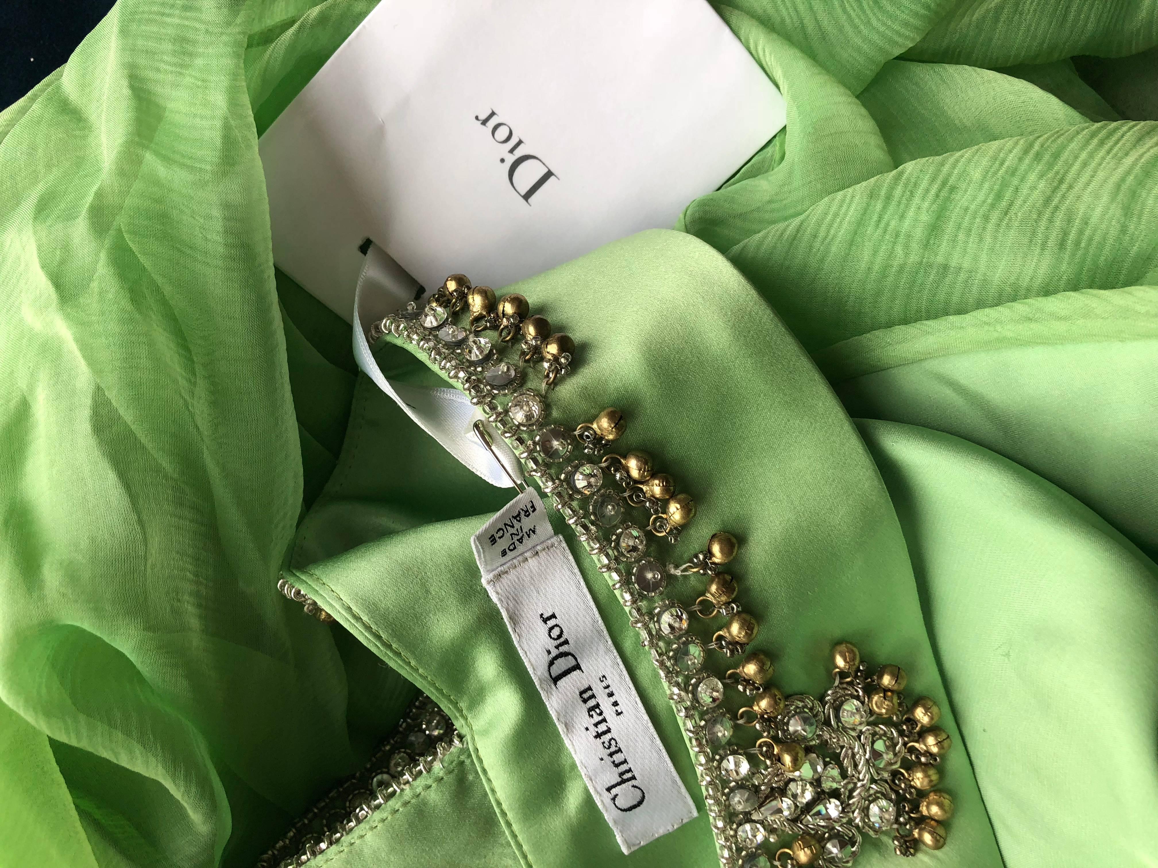 Absolutely breathtaking CHRISTIAN DIOR by JOHN GALLIANO new with tags light mint green silk chiffon beaded full length evening dress! Features the most luxurious silk chiffon draped over a light green silk satin. Beads, rhinestones, and pearls