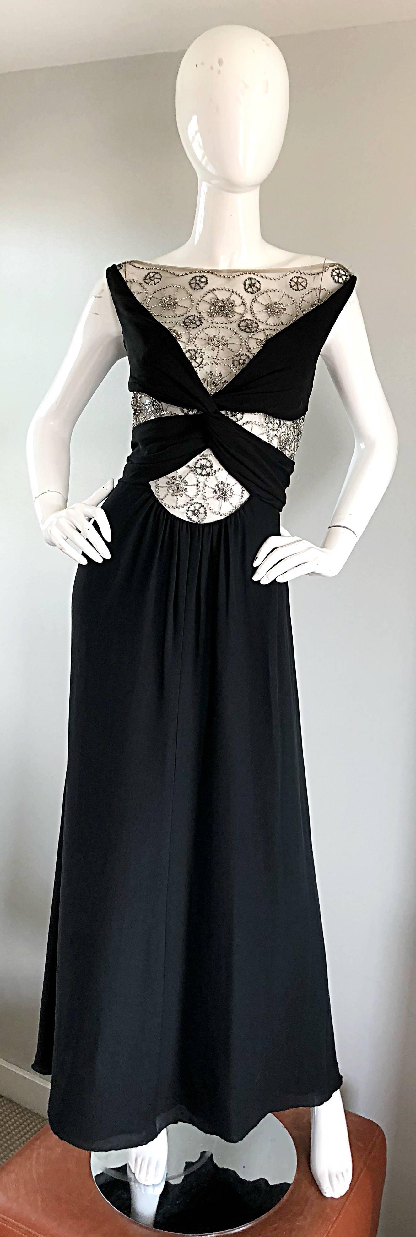 Valentino Documented Vintage 1990s Sexy Cut Out Beaded Rhinestone Black Gown  In Excellent Condition In San Diego, CA
