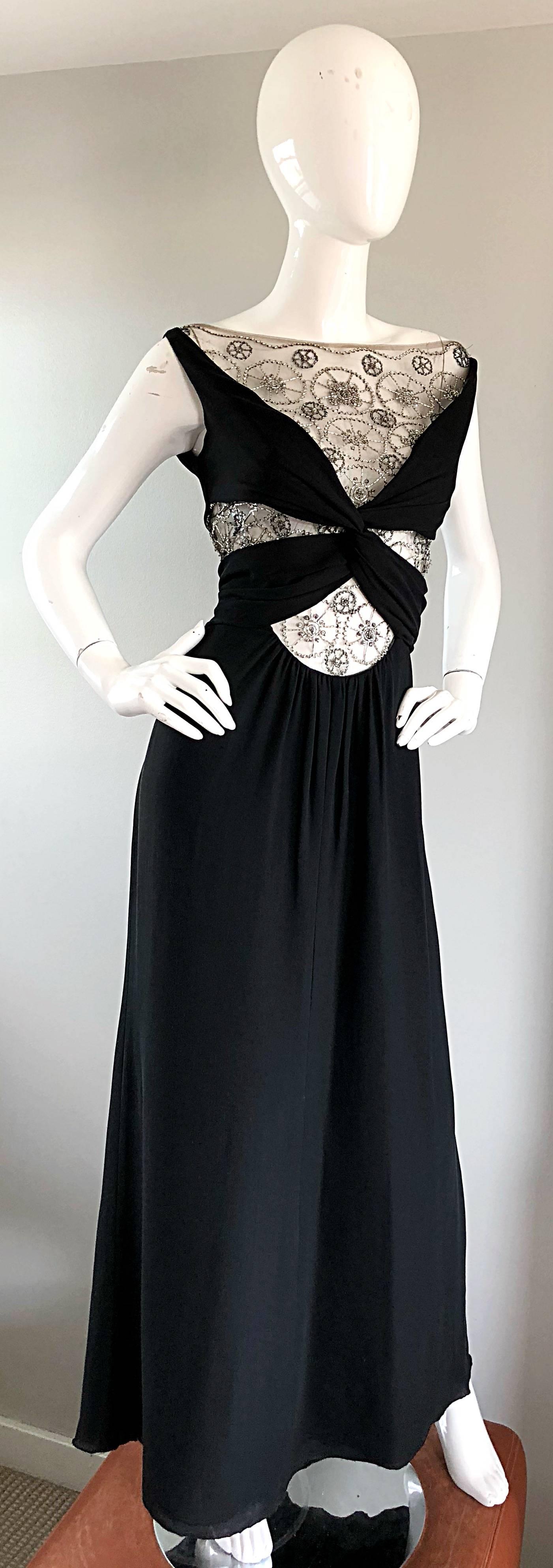 Valentino Documented Vintage 1990s Sexy Cut Out Beaded Rhinestone Black Gown  2