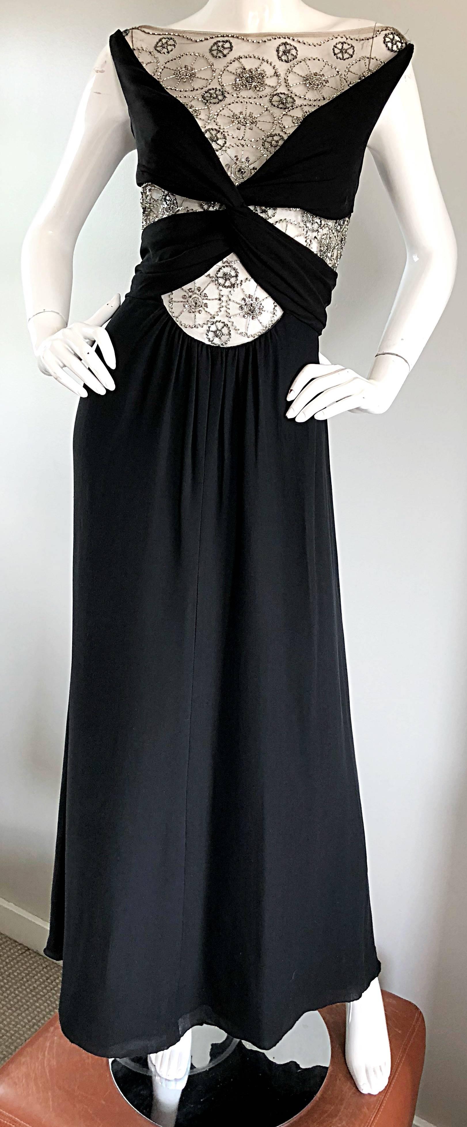 Women's Valentino Documented Vintage 1990s Sexy Cut Out Beaded Rhinestone Black Gown 
