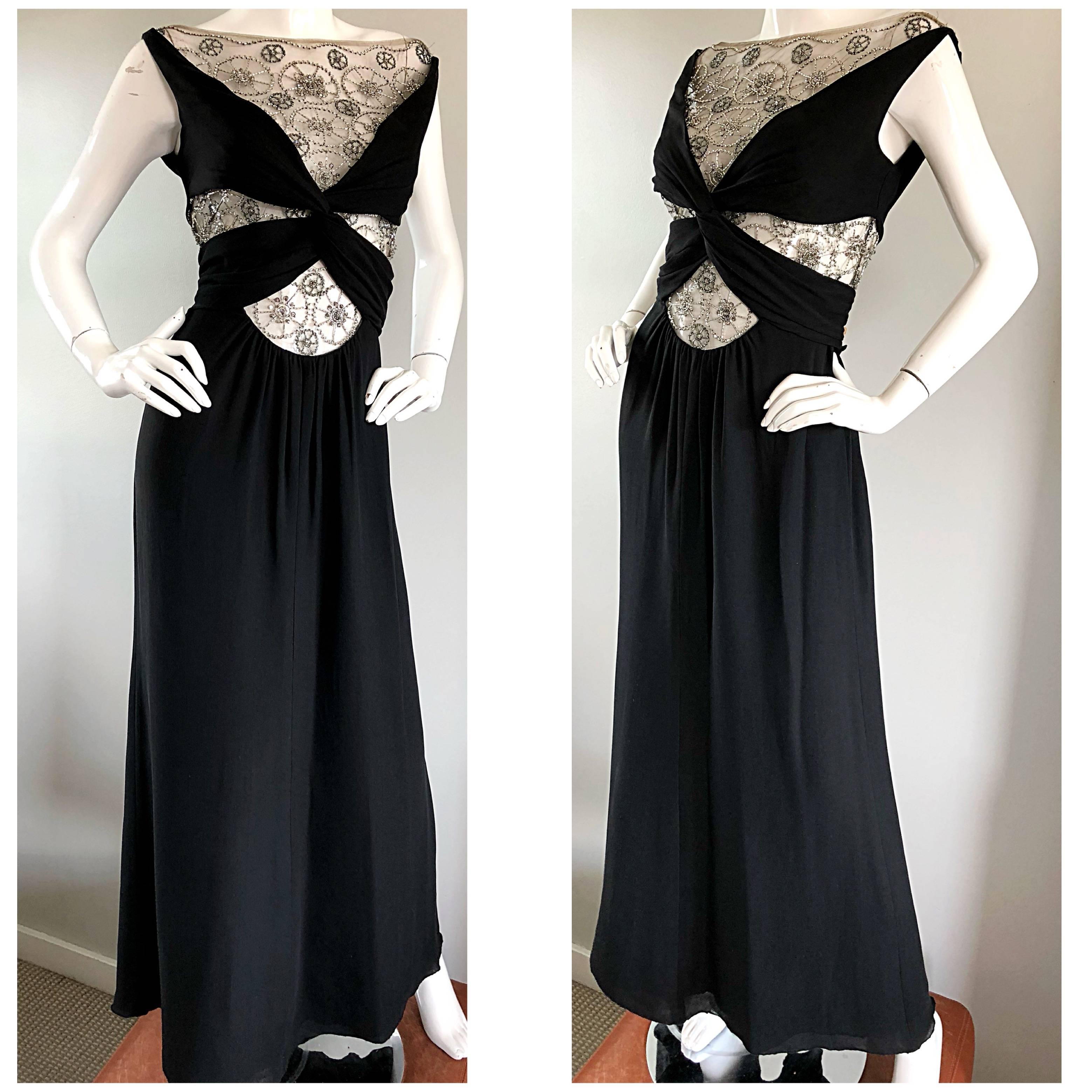 Valentino Documented Vintage 1990s Sexy Cut Out Beaded Rhinestone Black Gown  5
