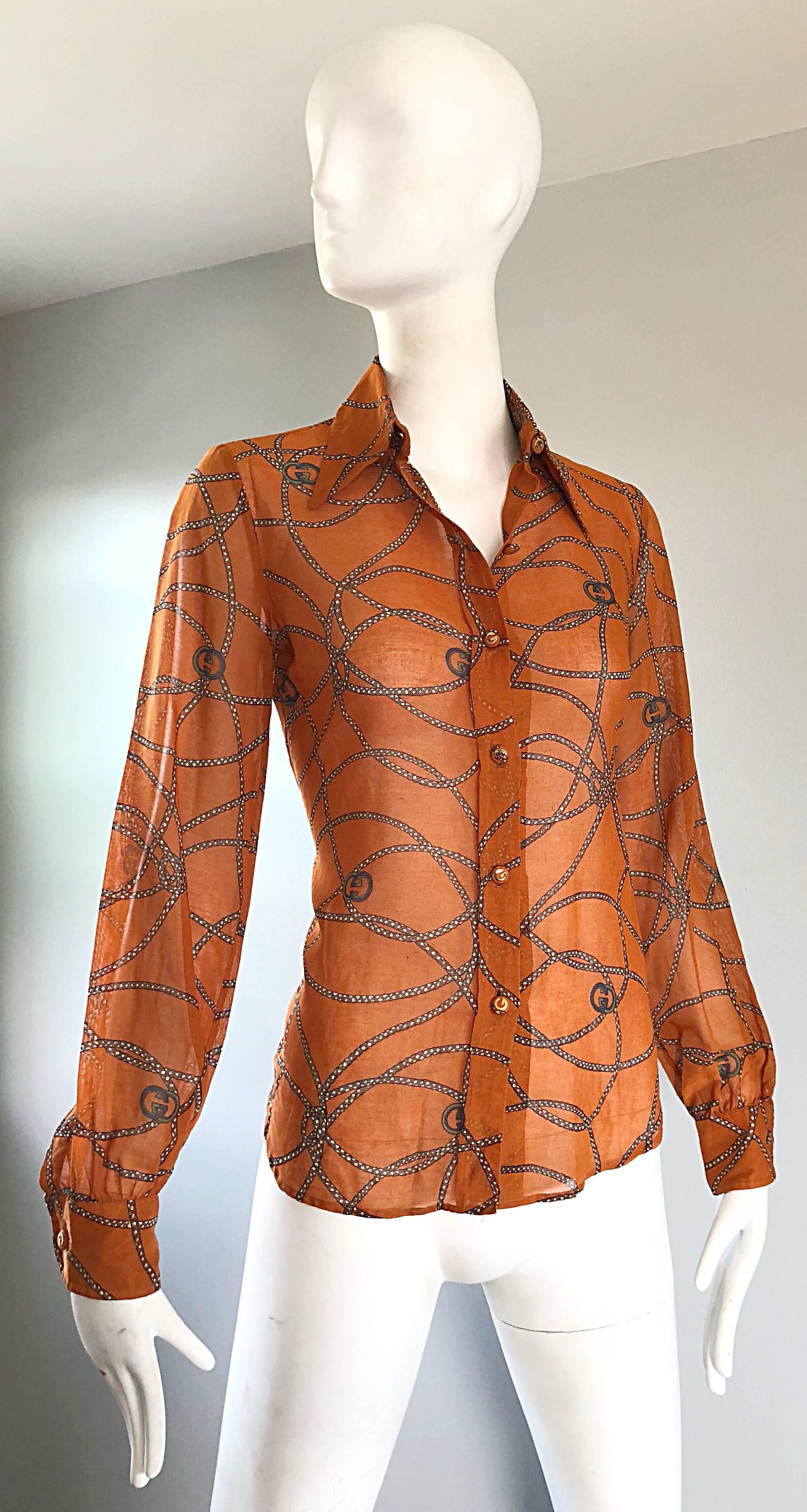 Gucci Signature Chain Horsebit Print Semi Sheer Cotton Shirt, Vintage 1970s  2