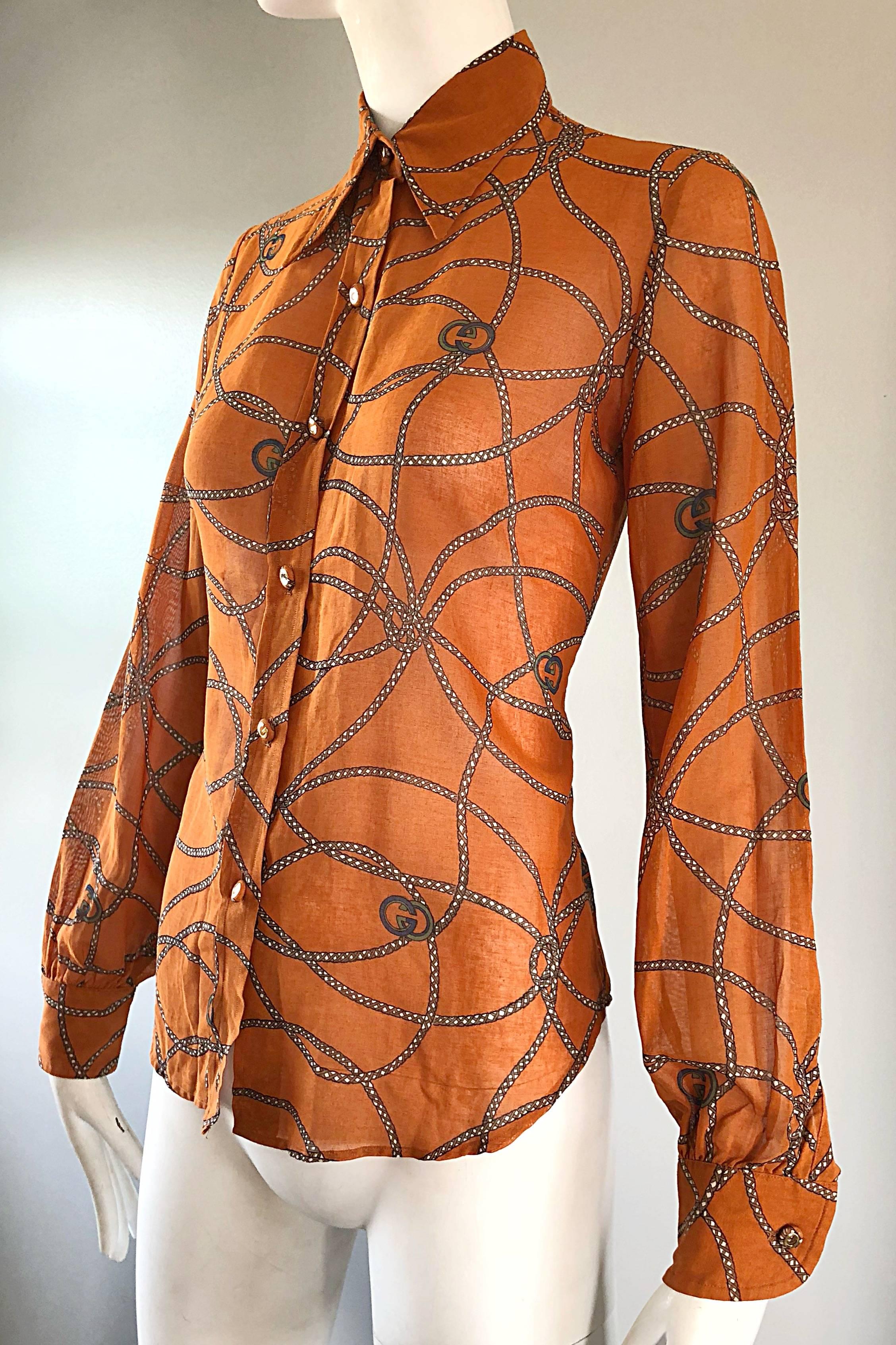 Gucci Signature Chain Horsebit Print Semi Sheer Cotton Shirt, Vintage 1970s  1