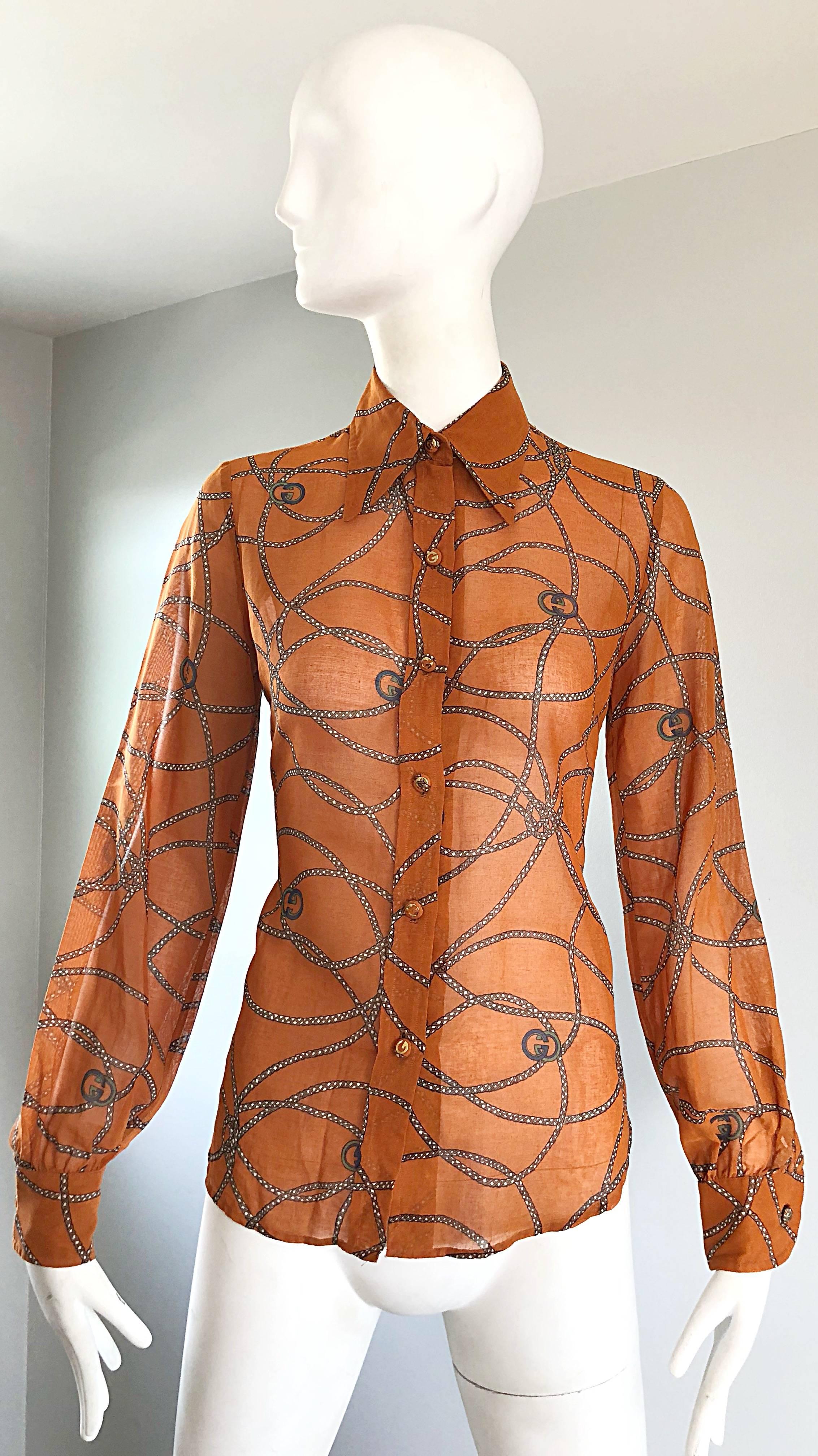 Gucci Signature Chain Horsebit Print Semi Sheer Cotton Shirt, Vintage 1970s  In Excellent Condition In San Diego, CA
