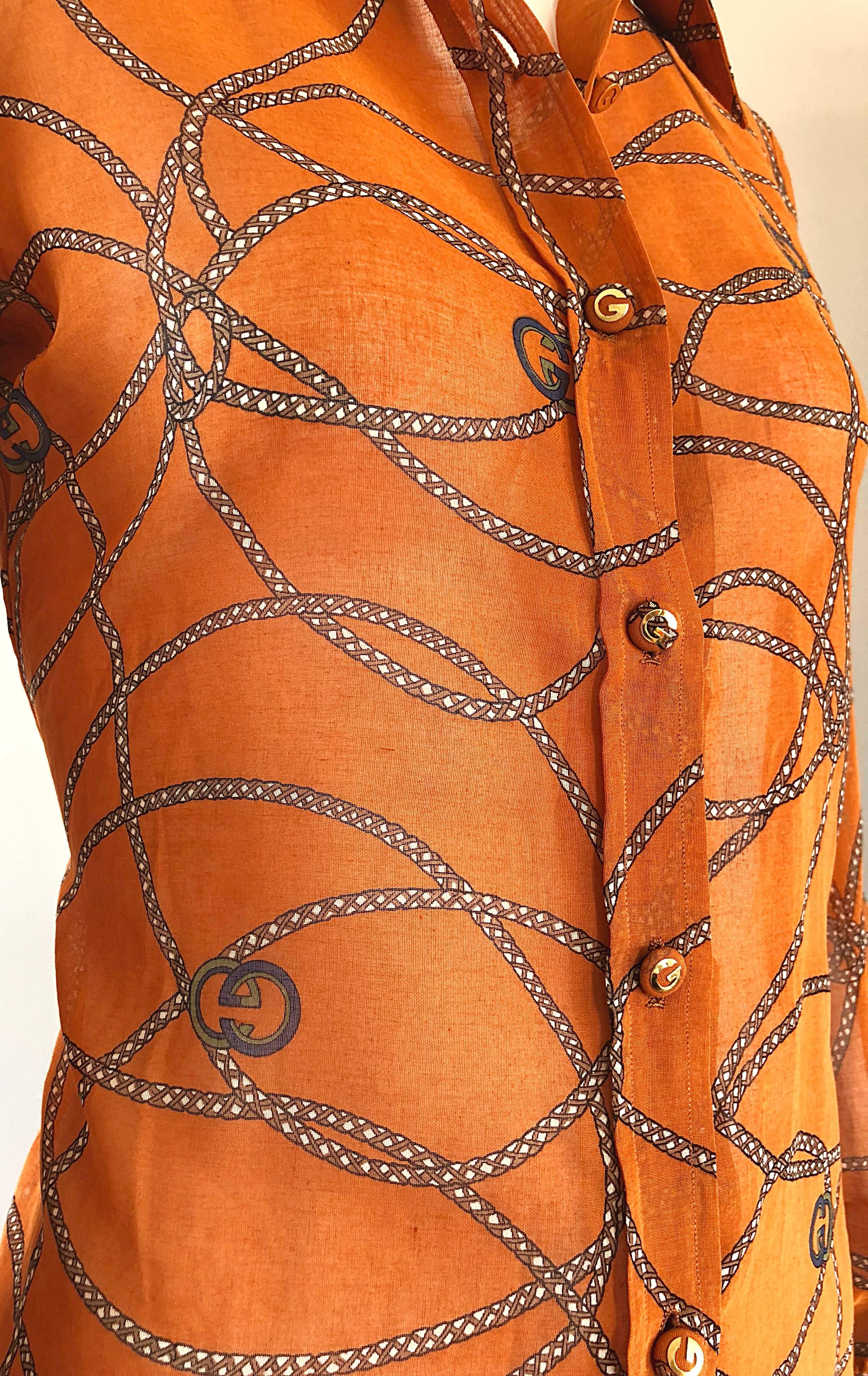 Brown Gucci Signature Chain Horsebit Print Semi Sheer Cotton Shirt, Vintage 1970s 