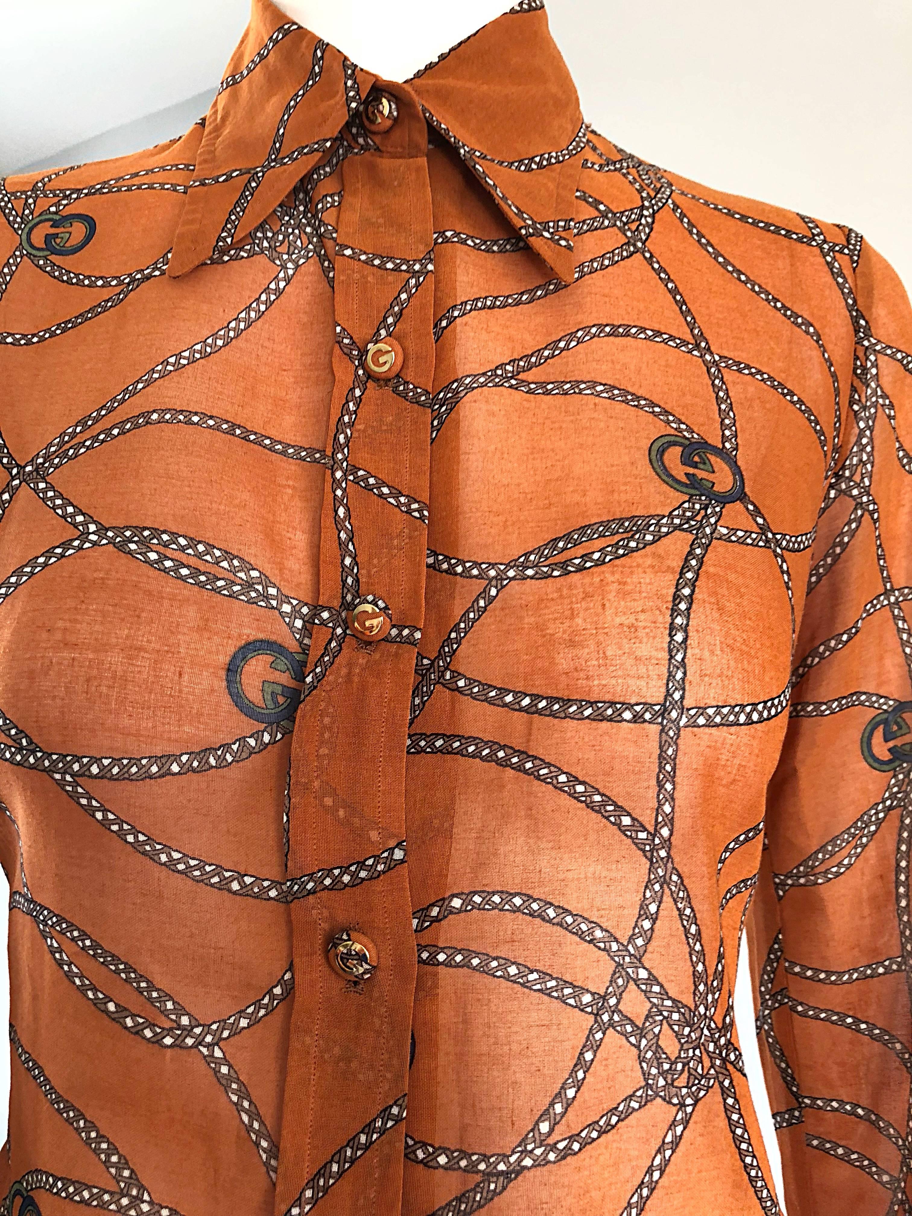 Women's Gucci Signature Chain Horsebit Print Semi Sheer Cotton Shirt, Vintage 1970s 