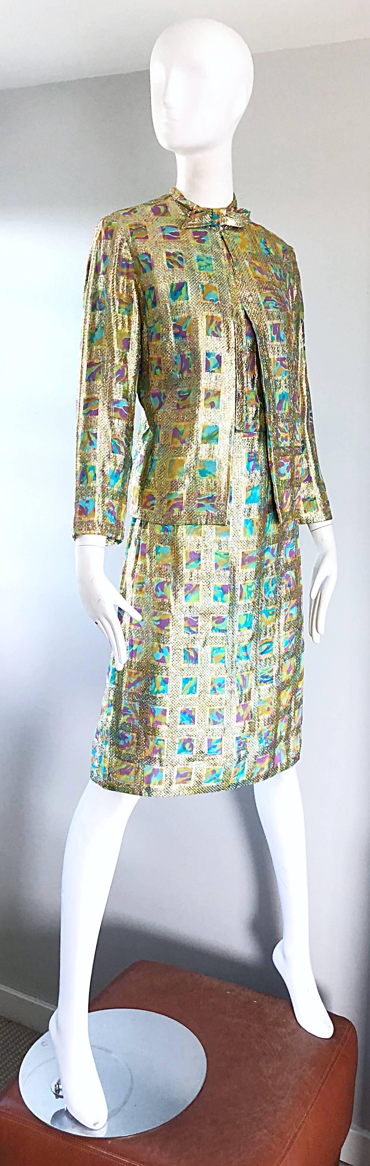 Gray 1960s Mardi Gras Gold Silk Lame Colorful Shift Dress and Jacket, Vintage 60s Set For Sale