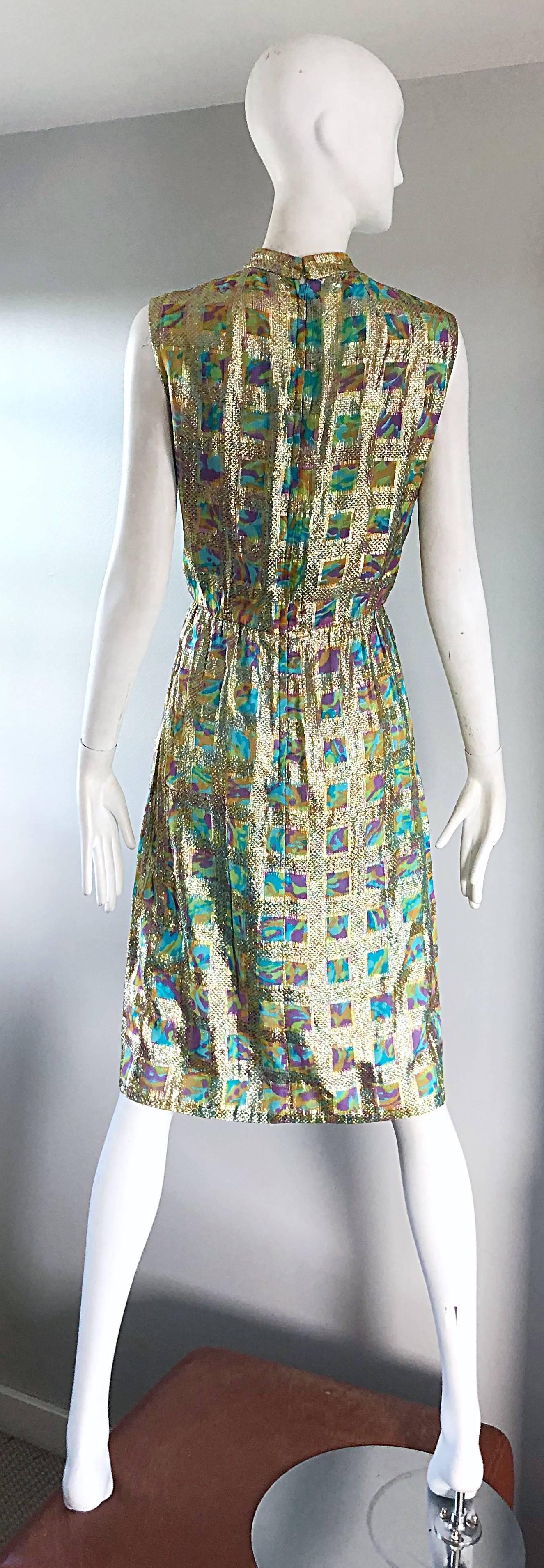 1960s Mardi Gras Gold Silk Lame Colorful Shift Dress and Jacket, Vintage 60s Set For Sale 2