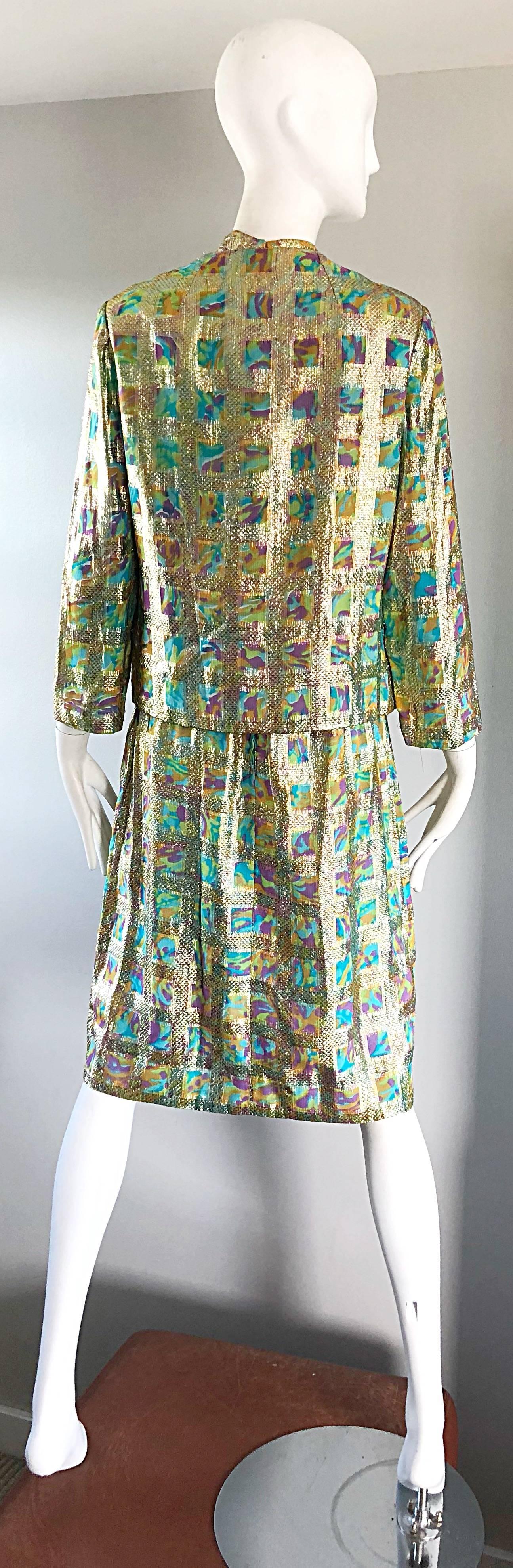 1960s Mardi Gras Gold Silk Lame Colorful Shift Dress and Jacket, Vintage 60s Set In Excellent Condition For Sale In San Diego, CA
