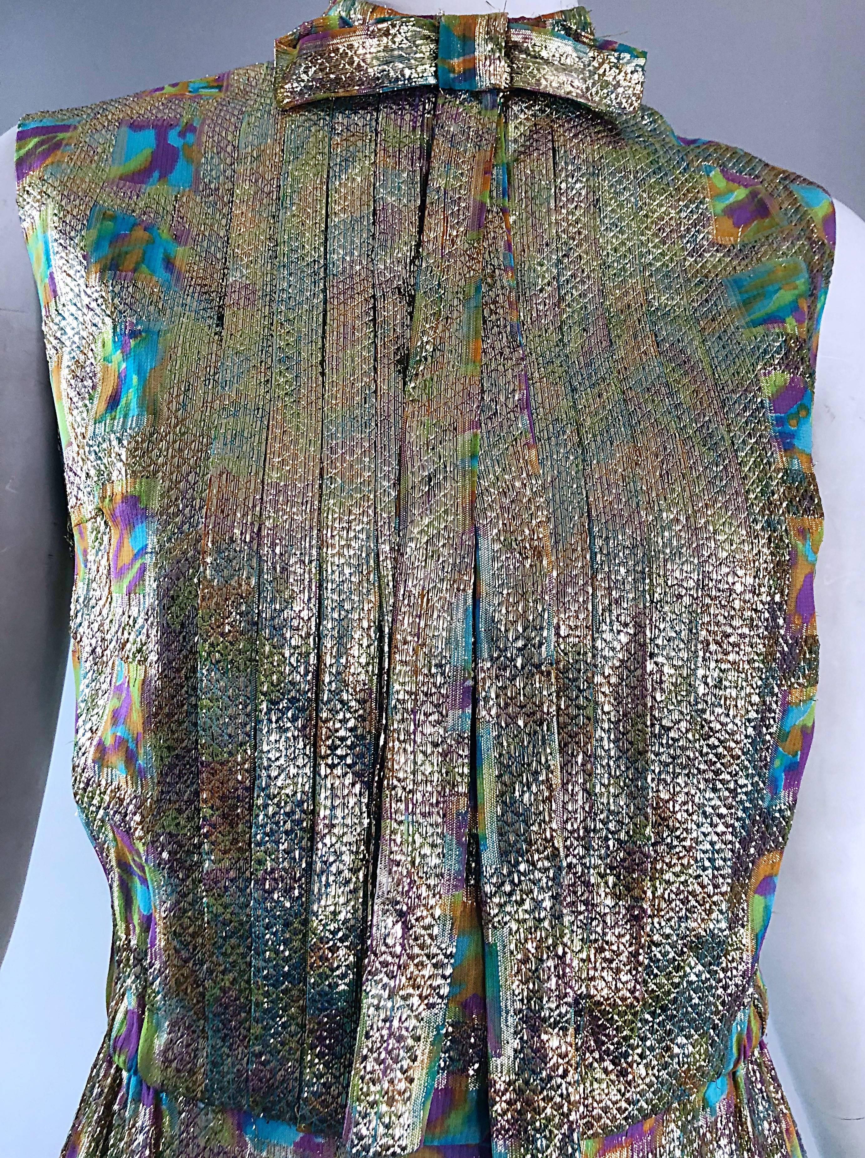 1960s Mardi Gras Gold Silk Lame Colorful Shift Dress and Jacket, Vintage 60s Set For Sale 1