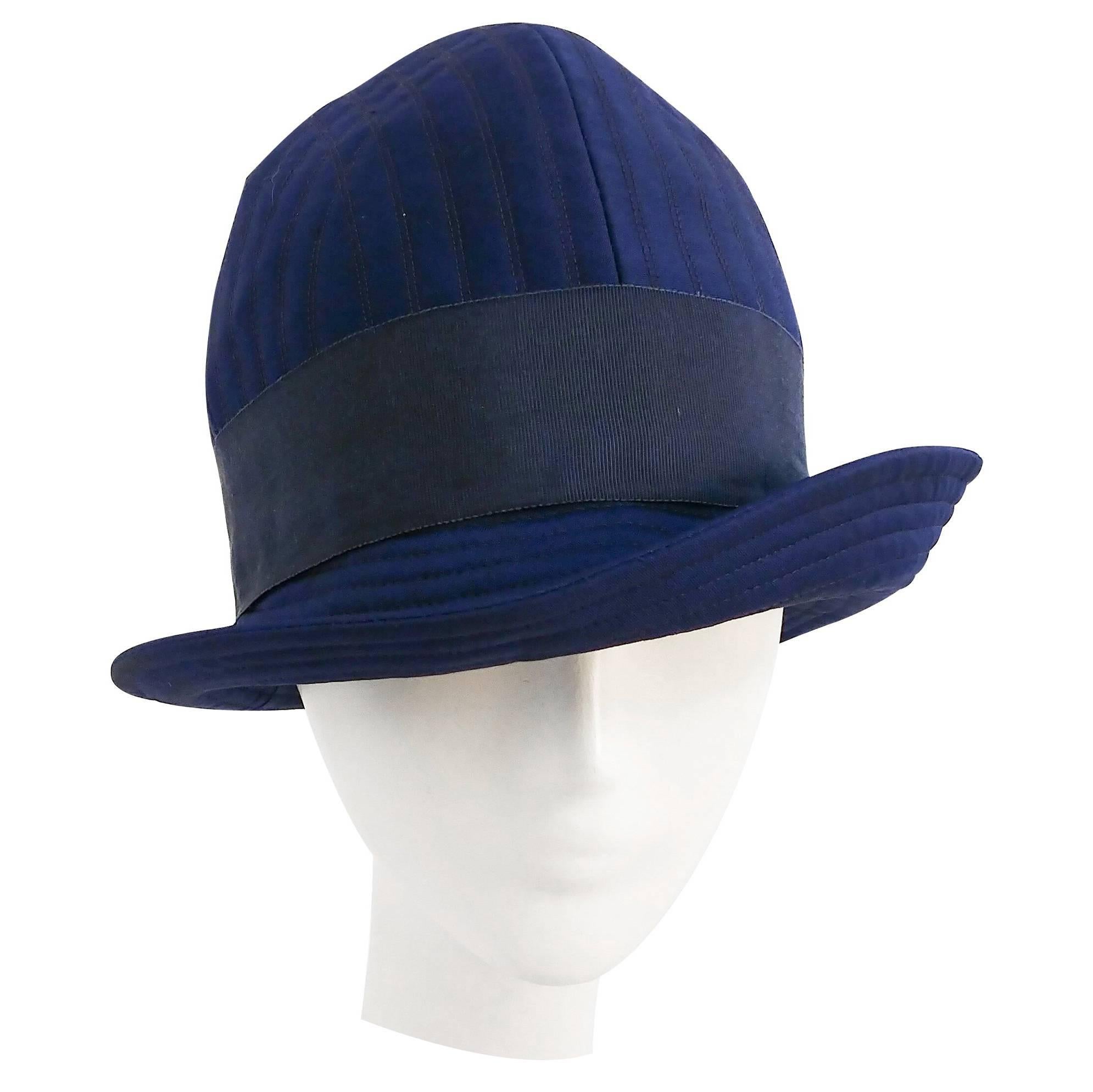 1960s Adolfo II Quilted Navy Cloche Hat